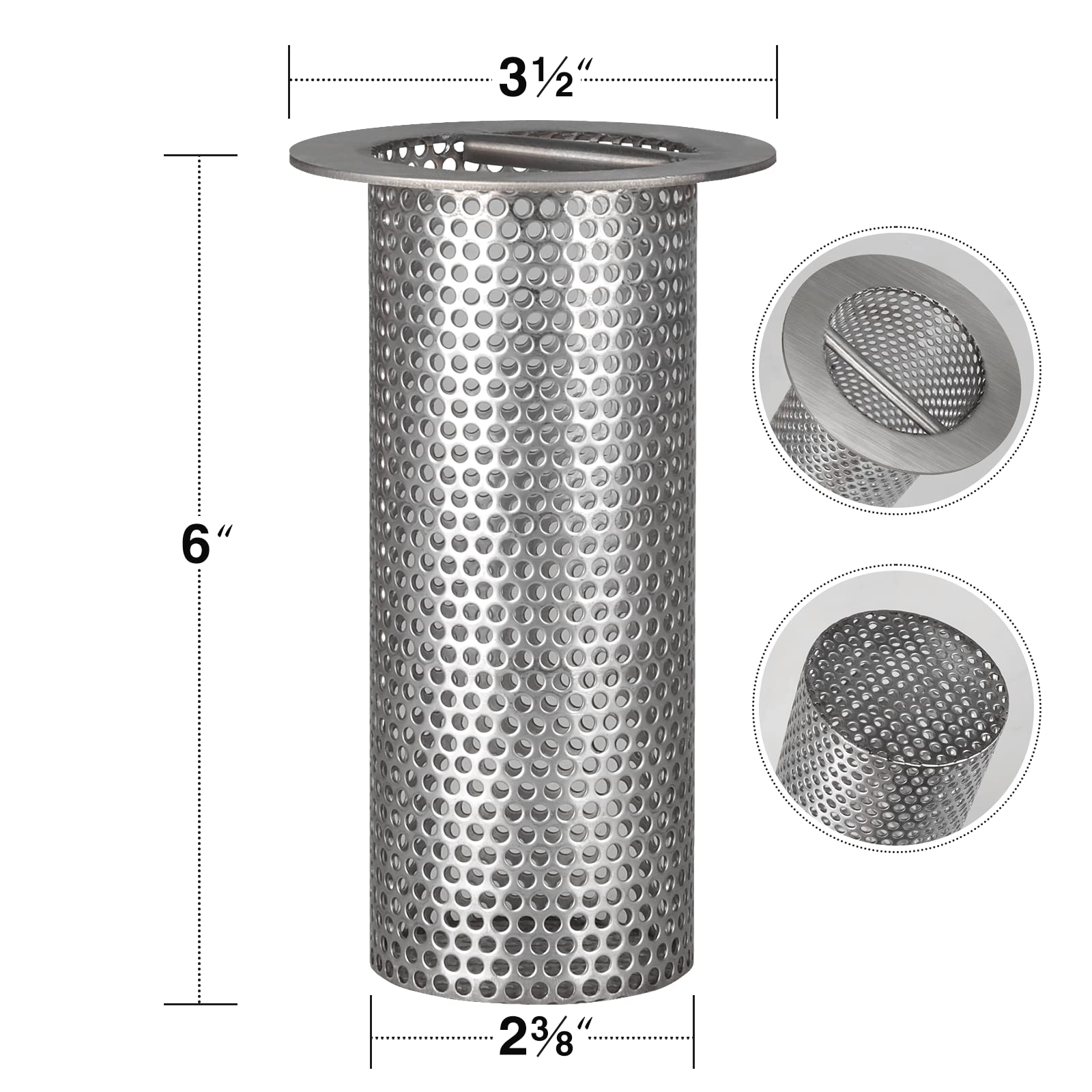 Colador de drenaje de suelo comercial de 3 pulgadas, 6 pulgadas de alto, acero inoxidable grueso y cesta de drenaje finamente pulida