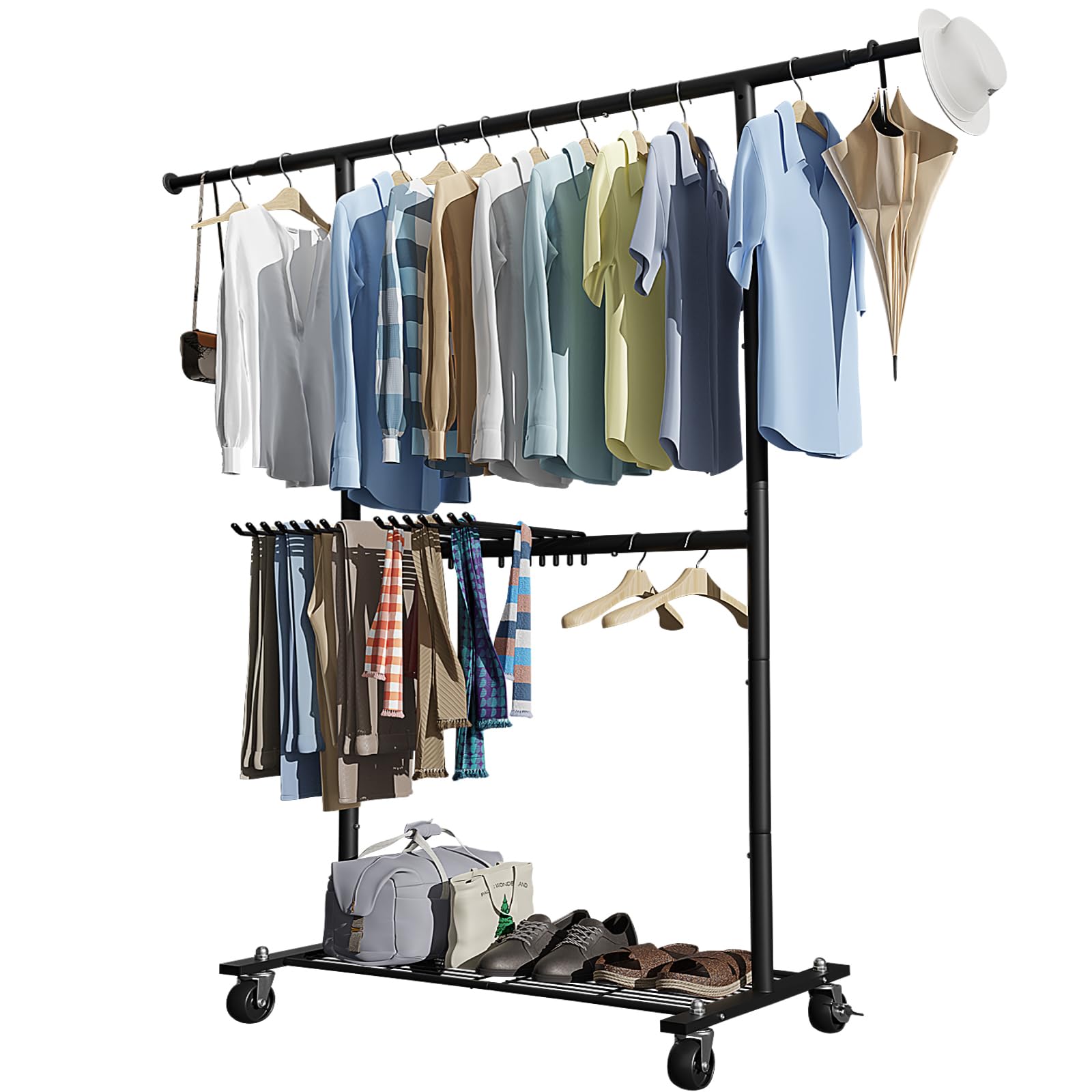 HOUSE AGAIN Clothes Rack Come with 14 Pants Hangers Garment Rack with Retractable Clothes Hanging Pole for Drying Strong Load-bearing Capacity Bottom with Wheels and Storage Shelf as Movable Wardrobe