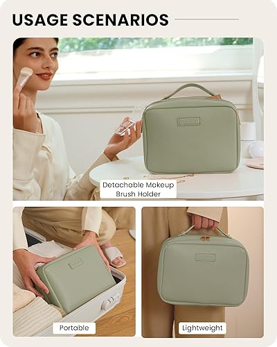 Miniatura 6 de OutSpry Bolsa de maquillaje de viaje con divisor de brochas de maquillaje desmontable Bolsa de cosméticos de piel sintética de gran capacidad, bolsa