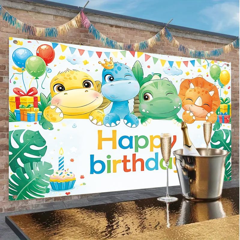 Happy Birthday Dinosaur Theme Banner (71x43 Inches), Large Party Backdrop for Yard Fence Patio Decoration, Four Cute Dinosaurs Outdoor Backdrop