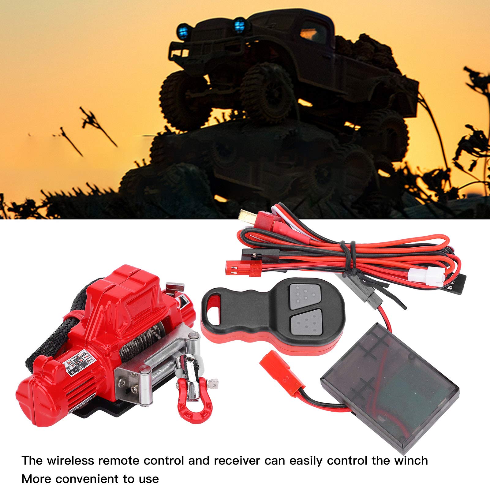 Treuil de voiture radiocommandé, treuil télécommandé, kit de récepteur, pièces de voiture radiocommandées, treuil simulé compatible avec SCX10 90046 1/10 RC Crawler (rouge)