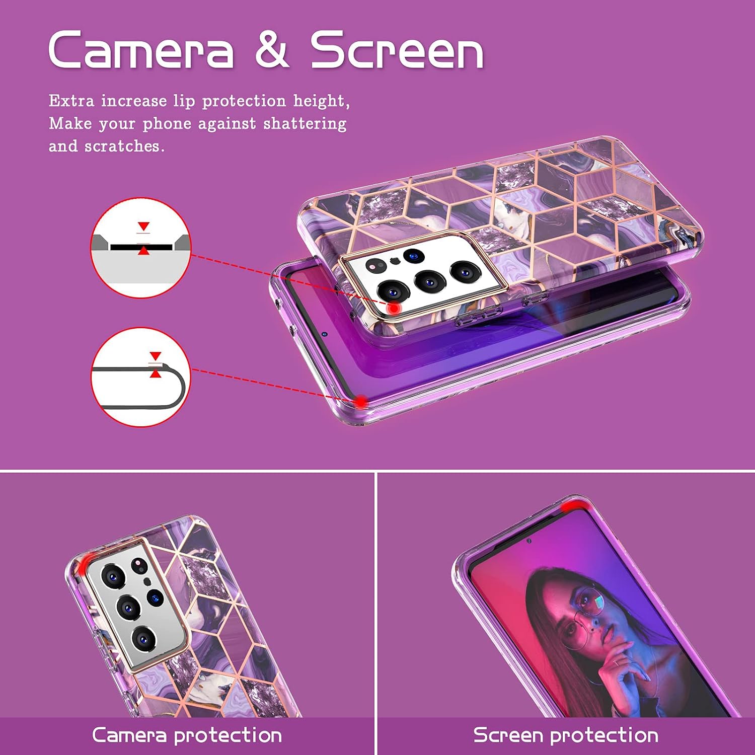 Hasaky Case for Samsung Galaxy S21 Ultra Case 5G 6.8 Inch,Dual Layer Hybrid Bumper Cute Women Marble Design Soft TPU+Hard Back Heavy Duty Anti-Scratch Shockproof Protective Phone Case -Purple Marble.