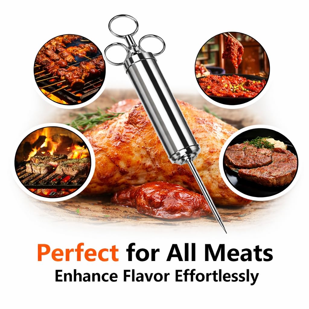 Iniettore per carne in acciaio inox 60 ml con 3 aghi siringa per marinata barbecue