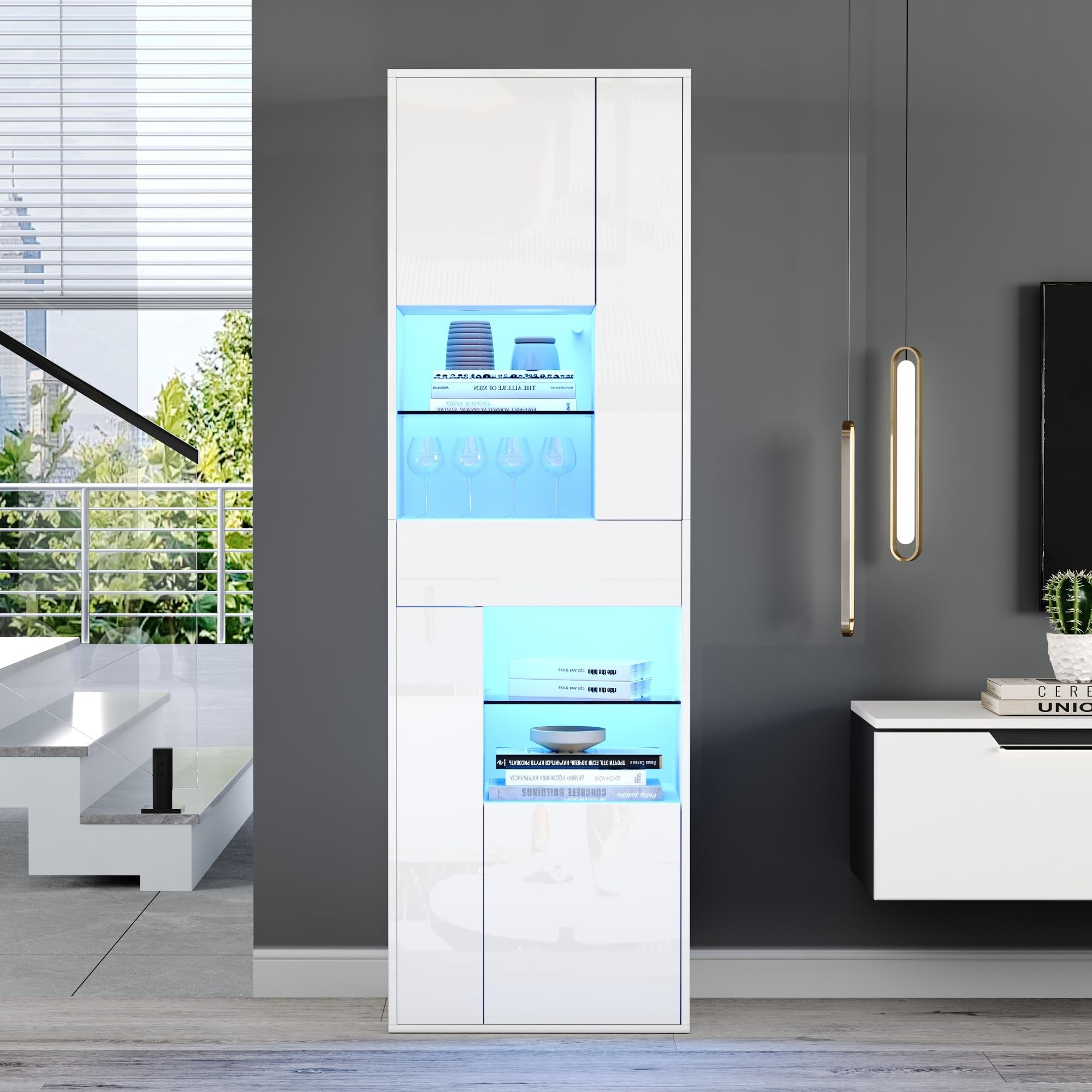 55 x 38 x 170 cm, armadietto alto con 1 cassetto e 4 armadi, vetrina in vetro con illuminazione a LED, vetrine con design lucido, armadi per soggiorno, vetrine, vetrine, vetrine, vetrine, vetrine