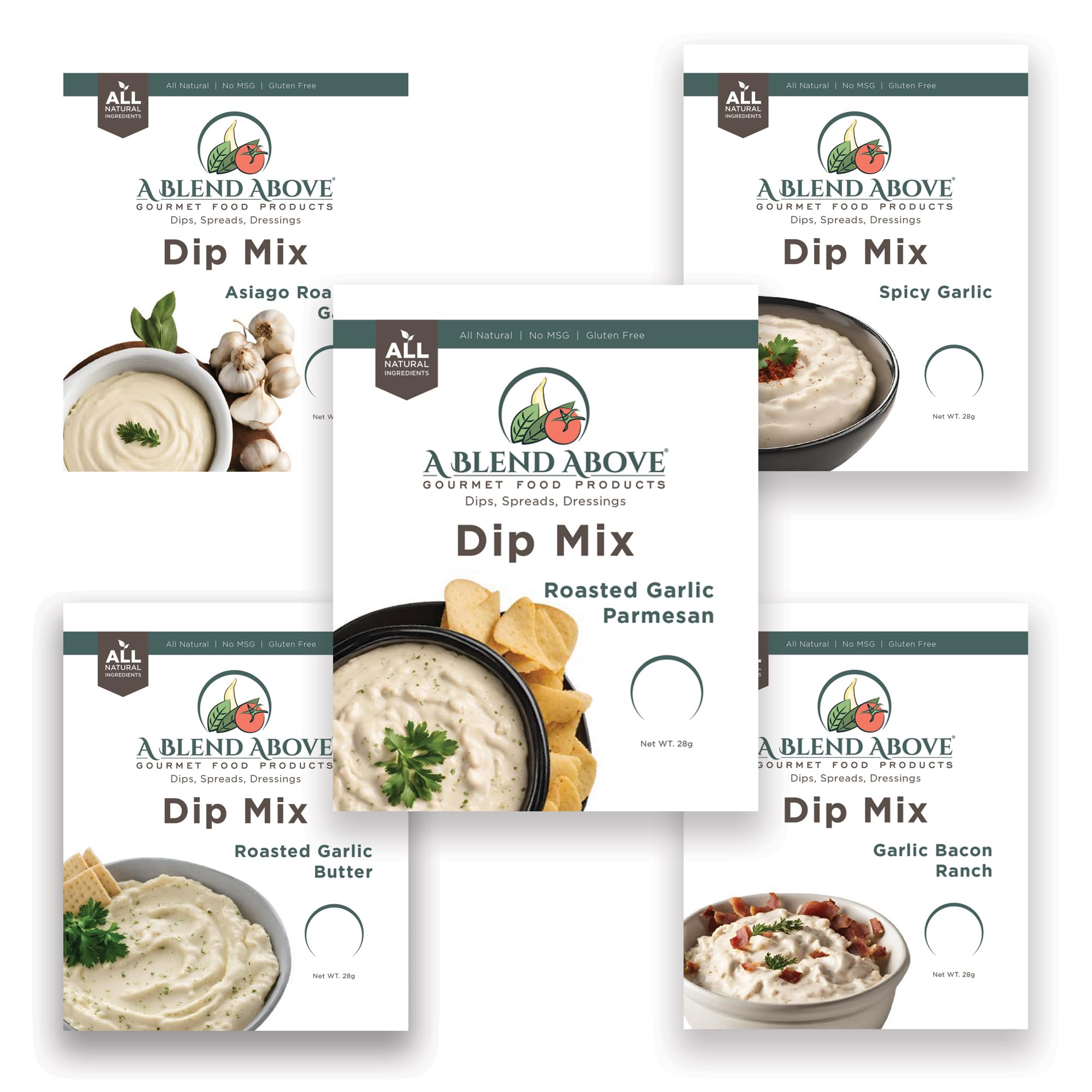 A Blend Above Garlic Lovers 5 Pack, Roasted Garlic Parmesan, Garlic Bacon Ranch, Asiago Roasted Garlic, Spicy Garlic, Roasted Garlic Butter, Gluten-Free, No MSG, All Natural, No Preservatives, Vegetable Dip, Keto Friendly, Low Carb, Low Sodium, Easy to Make