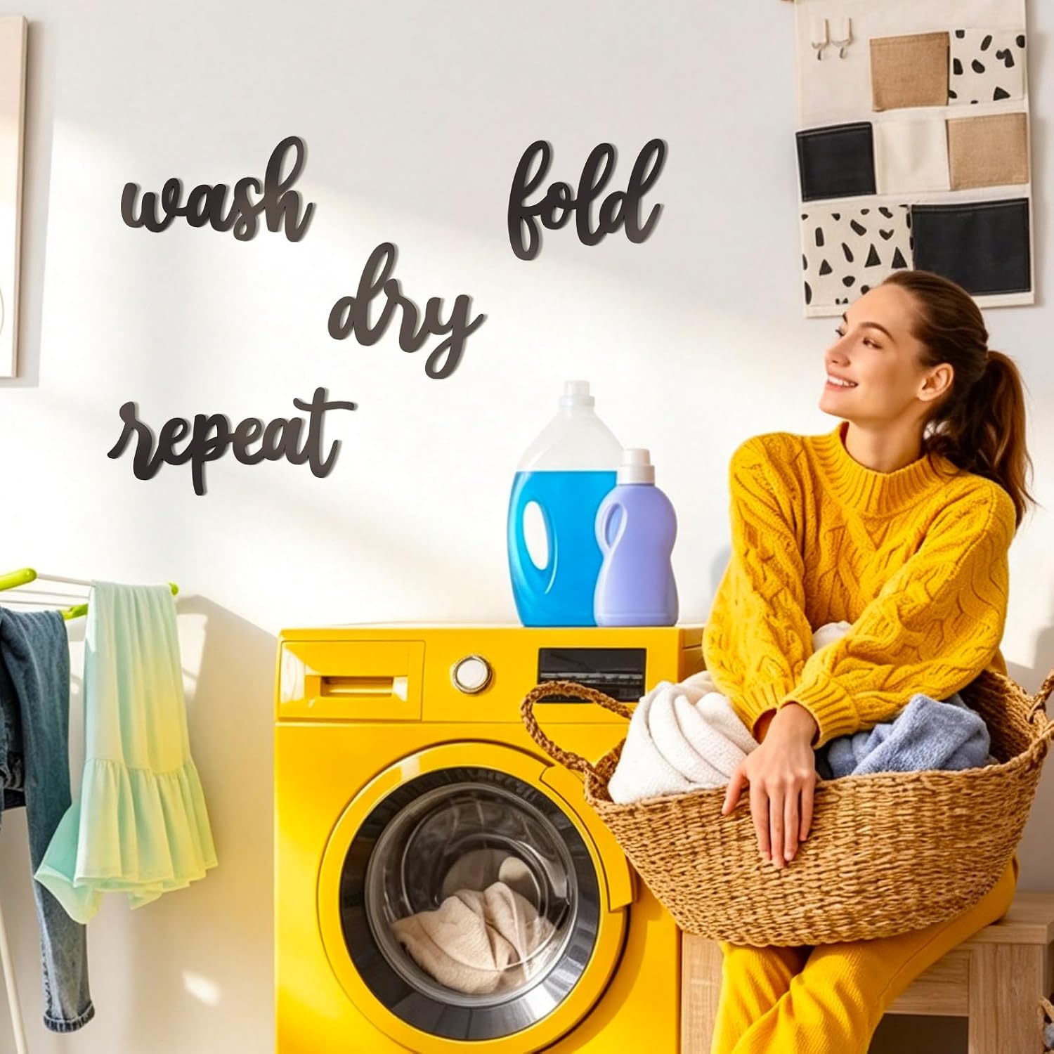 4 Pieces Laundry Room sign wall Decor, Wooden Wash Dry Fold Repeat signs Wall Art, Farmhouse Laundry Sign for Bathroom Wash Room image 5