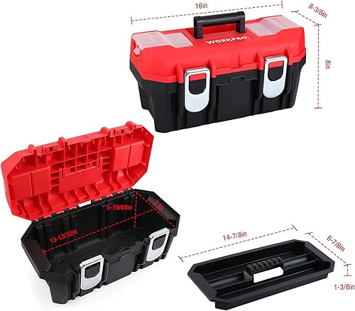 Miniatura 2 de WORKPRO Caja de herramientas portátil de 16 pulgadas con bandeja extraíble, caja de herramientas resistente con 2 pestillos de metal, clasificada de