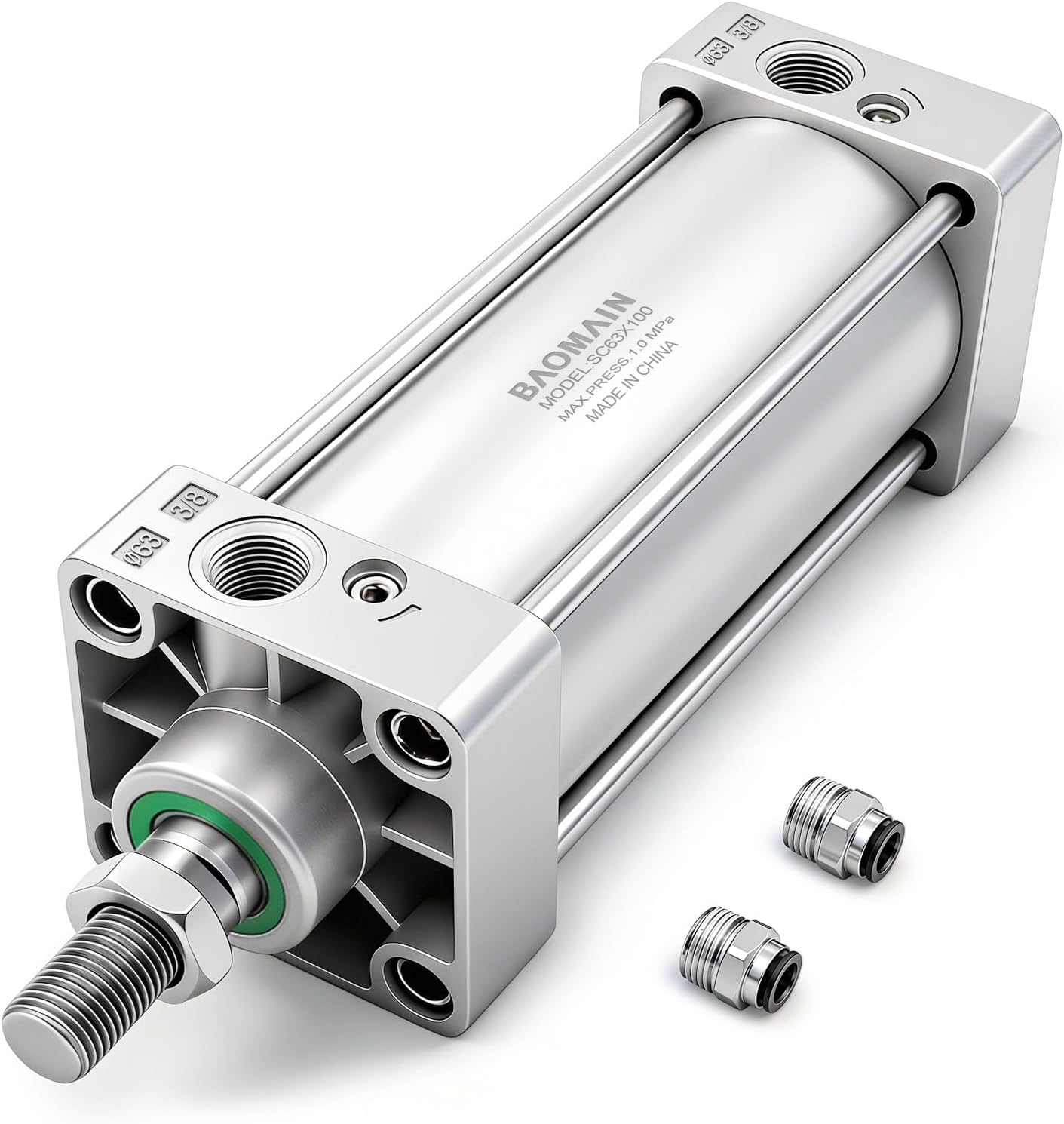 Baomain Pneumatic Air Cylinder SC 63 x 100, PT 3/8 Port, 2-1/2" Bore, 3.94" Stroke, Single Rod Double Acting, M16x1.5 Threaded Rod, with 2X Push-in Fittings