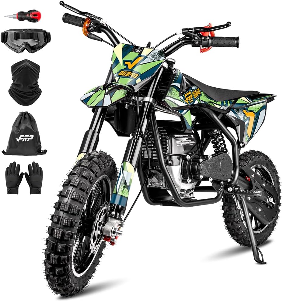 FRP FX40-Ogemaw Kids Dirt Bike 40CC 4-Stroke Gas Powered Off-Road Mini Motorcycle with Goggles, Gloves & Neck Gaiter, Dual Disc Brakes, 20 MPH Max Speed, 132 LBS Weight Capacity (Green)