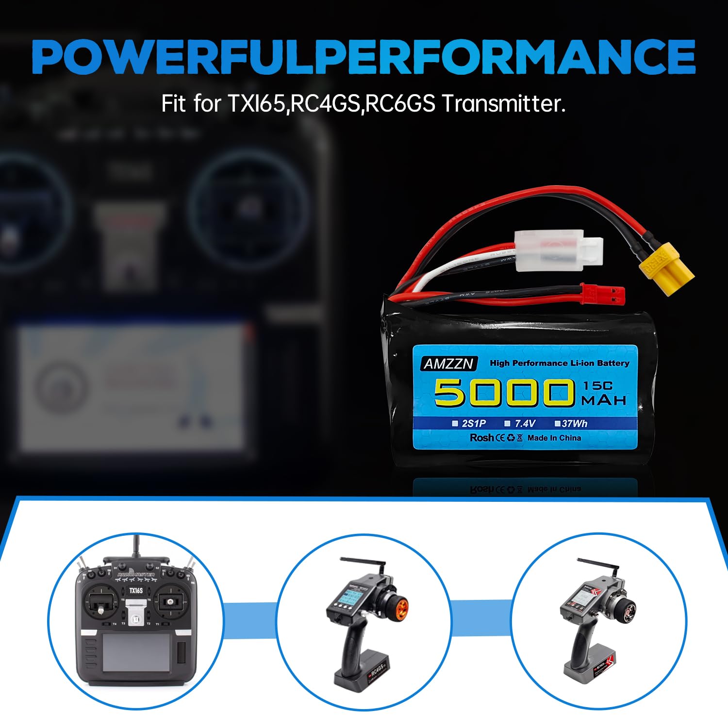 7.4V 5000mah 2S batteria agli ioni di litio con spina JST e XT30 con cavo di ricarica USB Adatto per TX16S, TX18S, RC4GS, RC6GS, TX12 RC trasmettitore auto Truck Engineer batteria