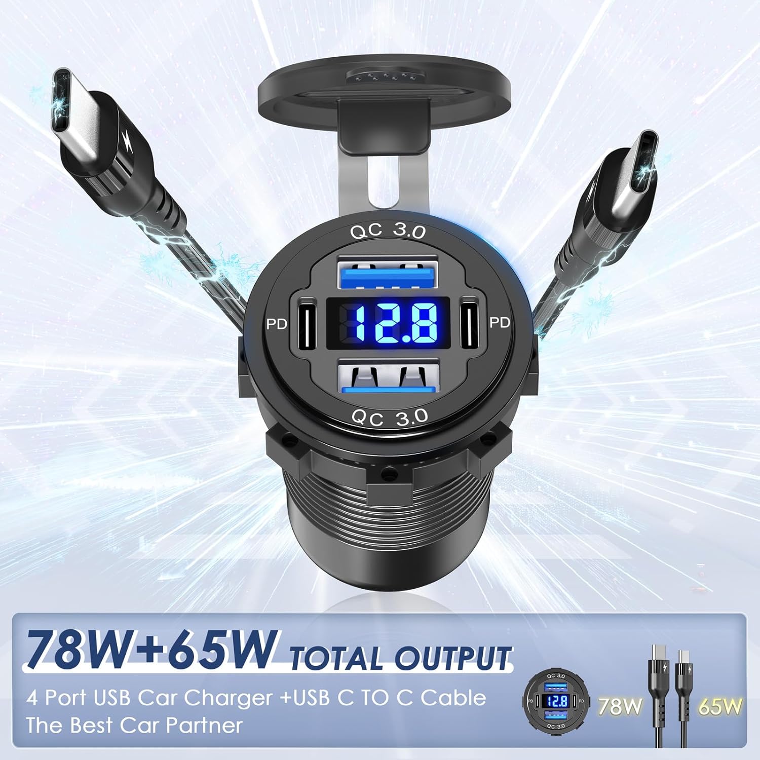 78W 12V USB Outlet Qidoe 4 Port Dual 30W PD & Dual Quick Charge 3.0 Aluminum12V Car Charger Socket with VoltmeterC to C Cable Coiled 3FT Cord for Car Boat Marine RV
