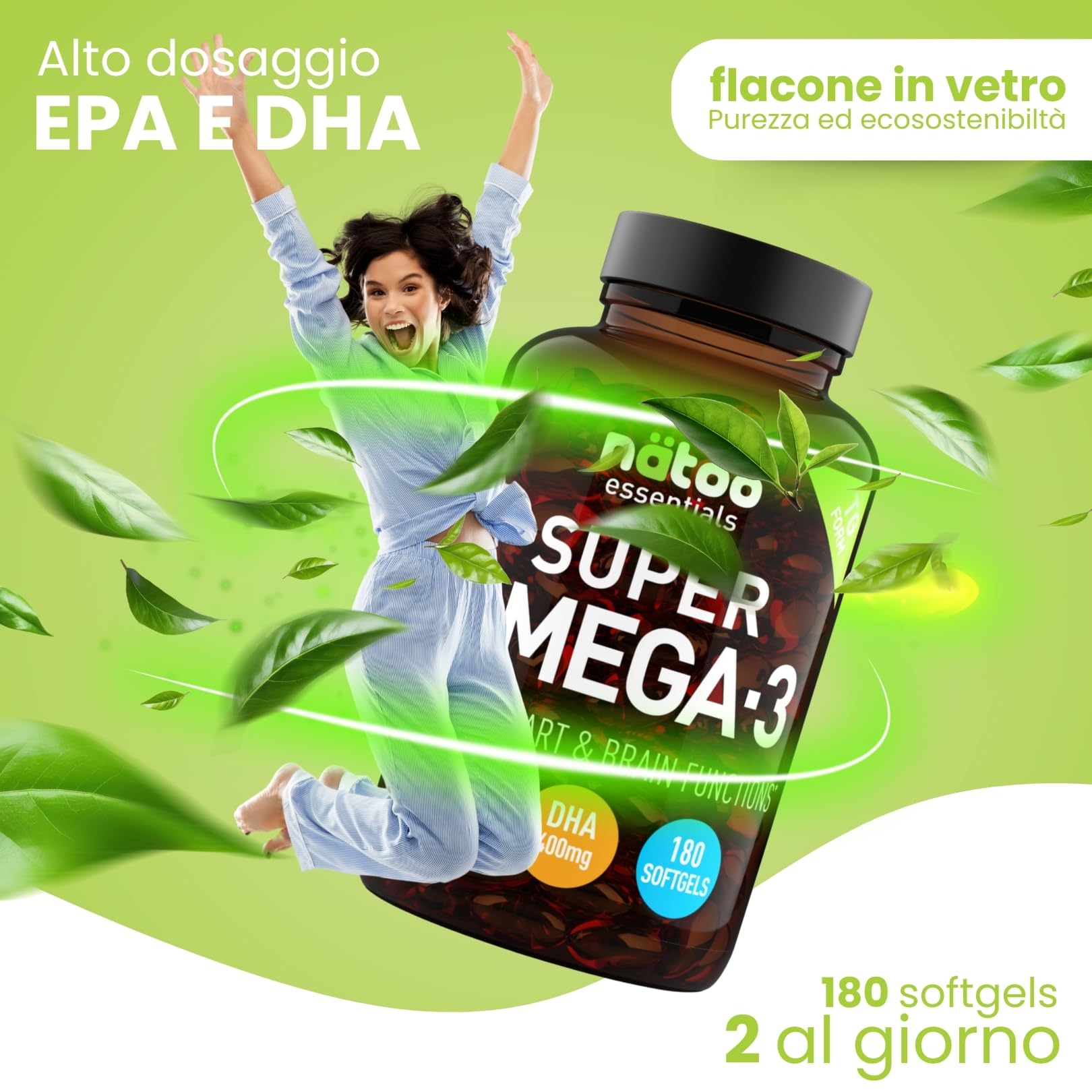 NÄTOO Super Omega 3 1500mg - Olio di pesce per il benessere di cuore, cervello e vista - Integratori con Olio di Pesce Alto Dosaggio Omega - 3 con Vitamina E, Epa 800mg e Dha 400mg (180 Perle)