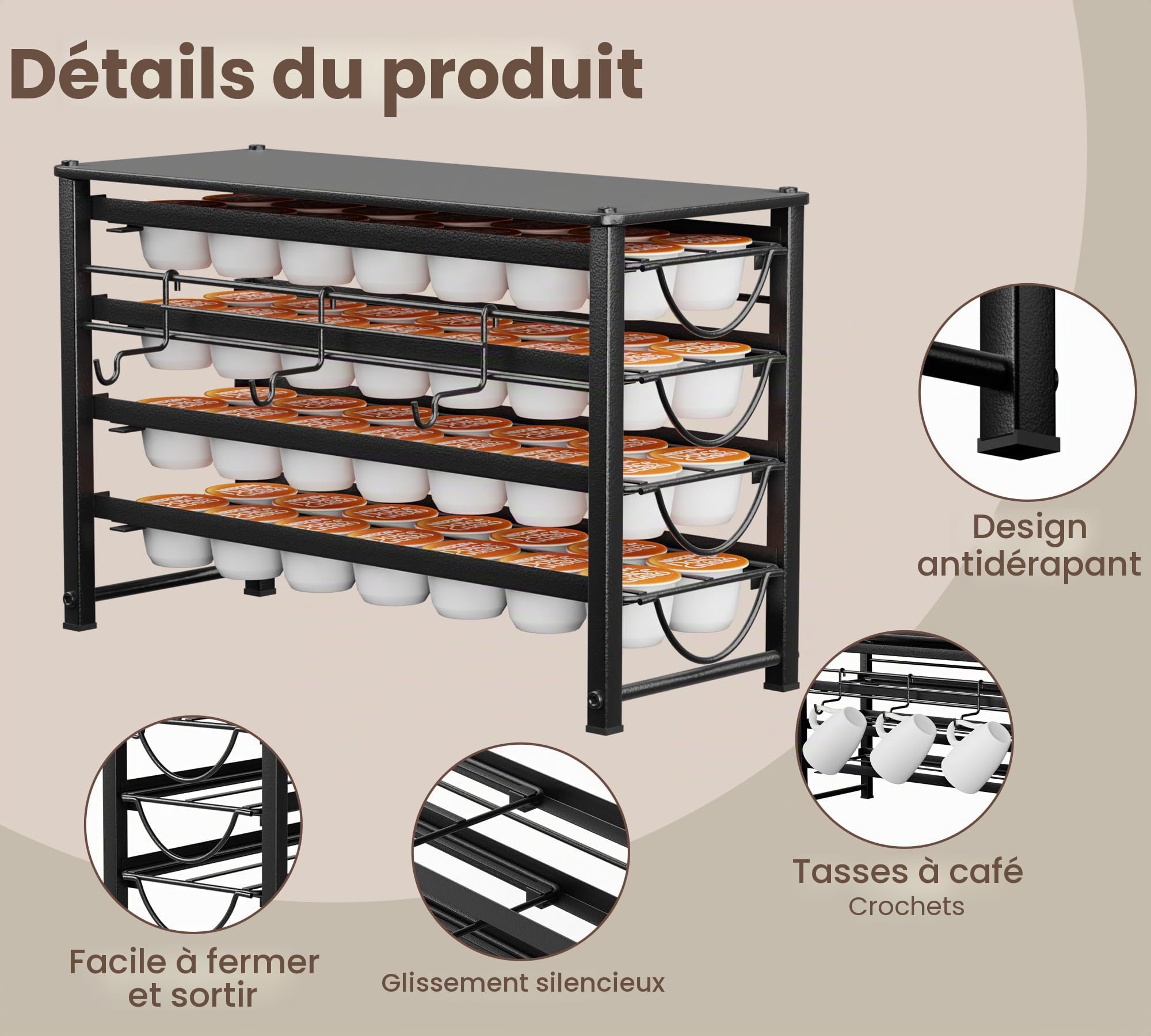 Rangement pour capsules Dolce Gusto 56 capsules de café, 4 tiroirs en métal silencieux avec pieds antidérapants, adapté pour la cuisine et le bureau