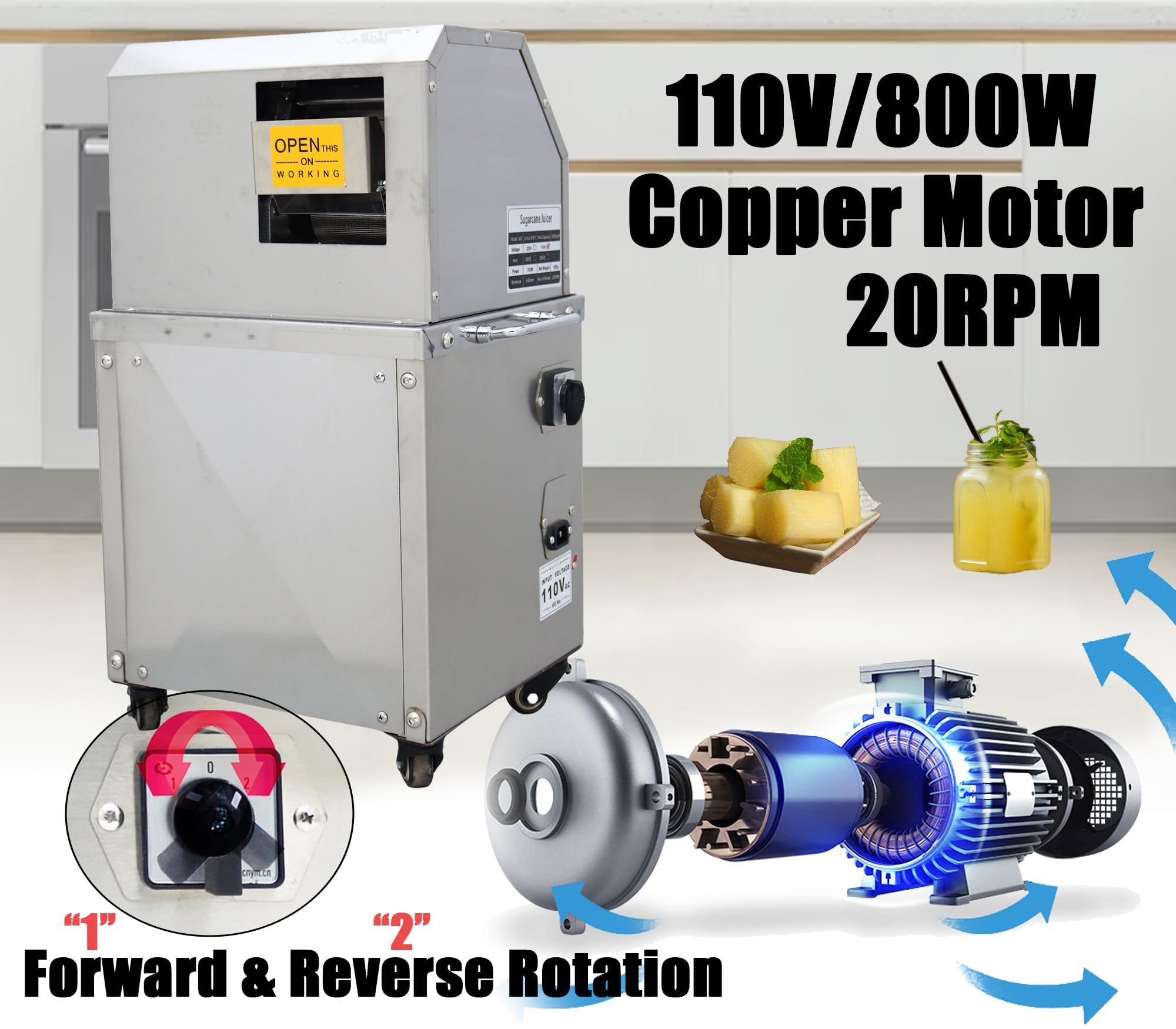 Exprimidor eléctrico de caña de azúcar, máquina comercial de prensa de caña de azúcar, 800 W/110 V, 3 rodillos de acero inoxidable, salida de 661 lb/h, extractor de jugo de caña de azúcar 3