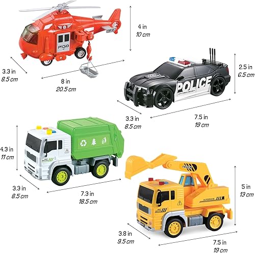 Miniatura 7 de Vokodo Paquete de 4 juegos de vehículos de City Heroes, alimentado por fricción, incluye helicóptero de rescate de incendios, camión volquete de