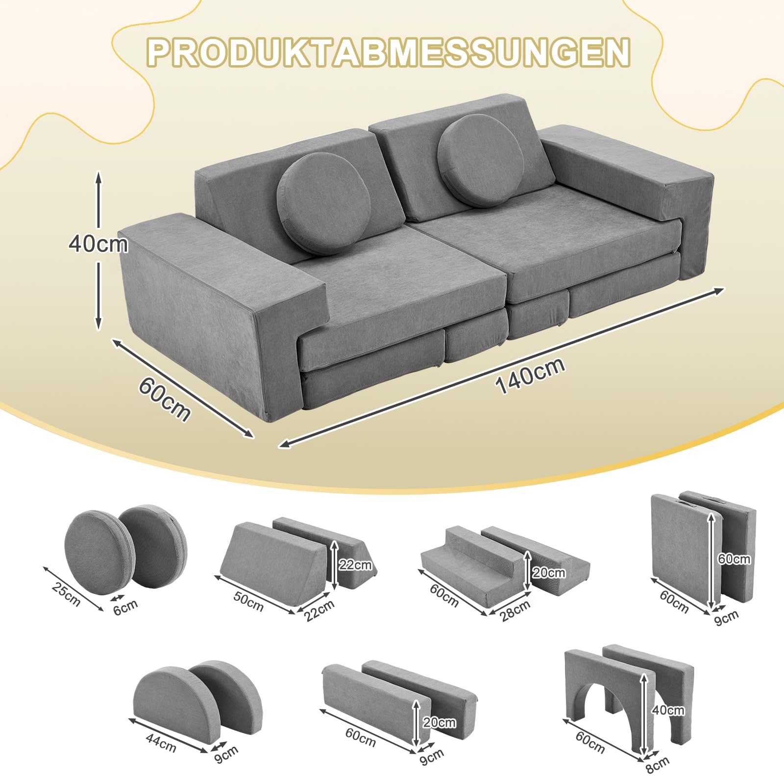 LALAHO Kindersofa Spielsofa für Kinder aus Kordsamt Cord，Klappbar Schaumstoff Bausteine kindercouch & Kindersessel，Vielseitige über Frei Baubare DIY，für Kinder für Spielzimmer，Schlafzimmer Möbel（Grau）