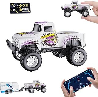 Mini RC Truck with APP Control, 1:64 Scale Monster Truck Toy, 2.4GHz Wireless Remote Control, LED Lights, Alloy Case, MultiControl Modes, Speed/Steering Adjustable (White)