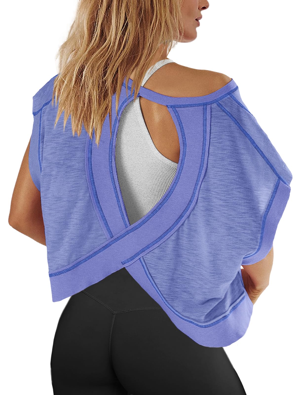 Panadila Haut d'entraînement surdimensionné à dos ouvert pour femme, dos nu, t-shirt athlétique à manches courtes pour bébé