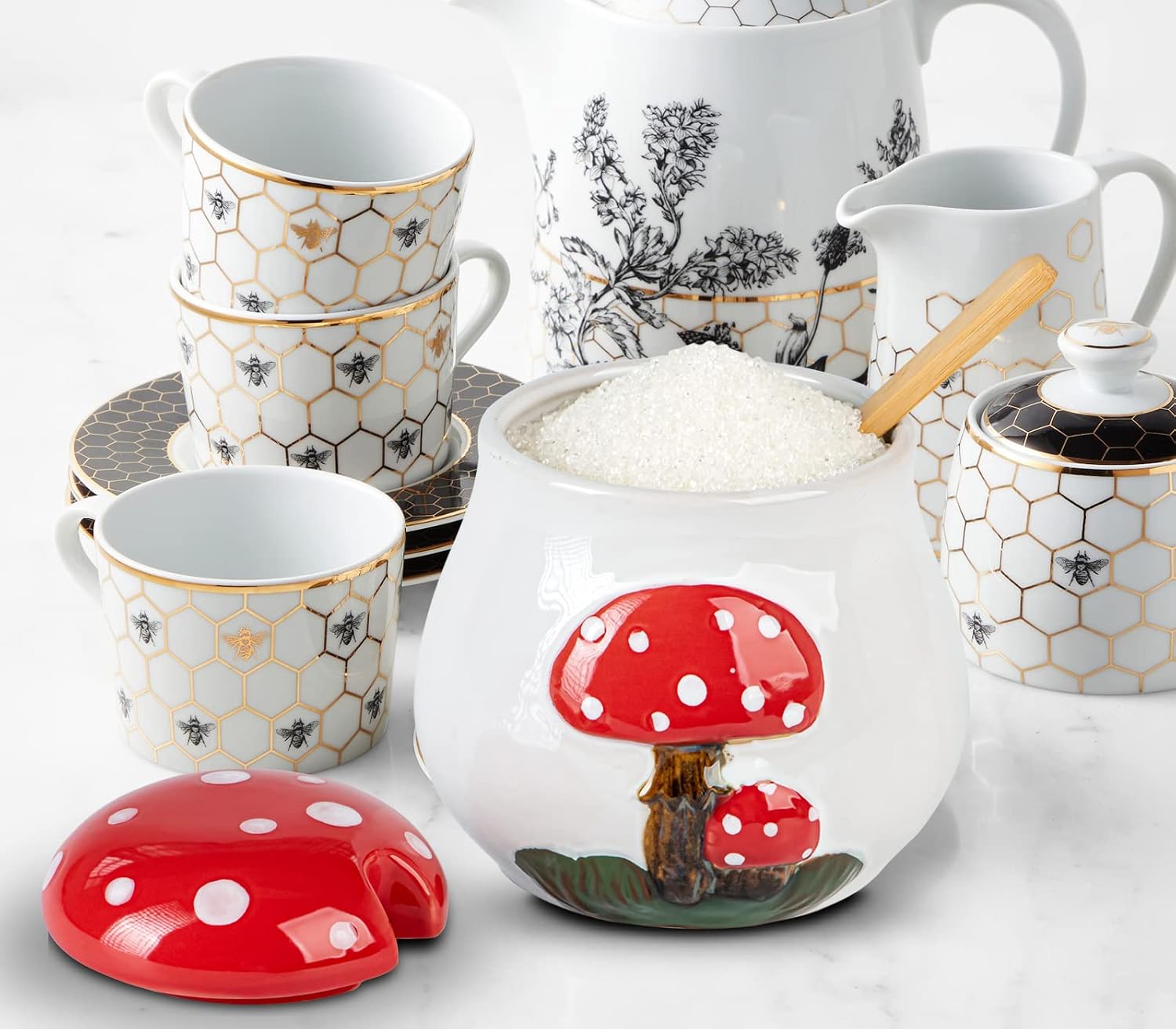 dgudgu Mushroom Sugar Bowl With Lid And Spoon Ceramic Sugar Bowl For Countertop Sugar Dish With Lid And Bamboo Spoon Sugar Container White Honey Container