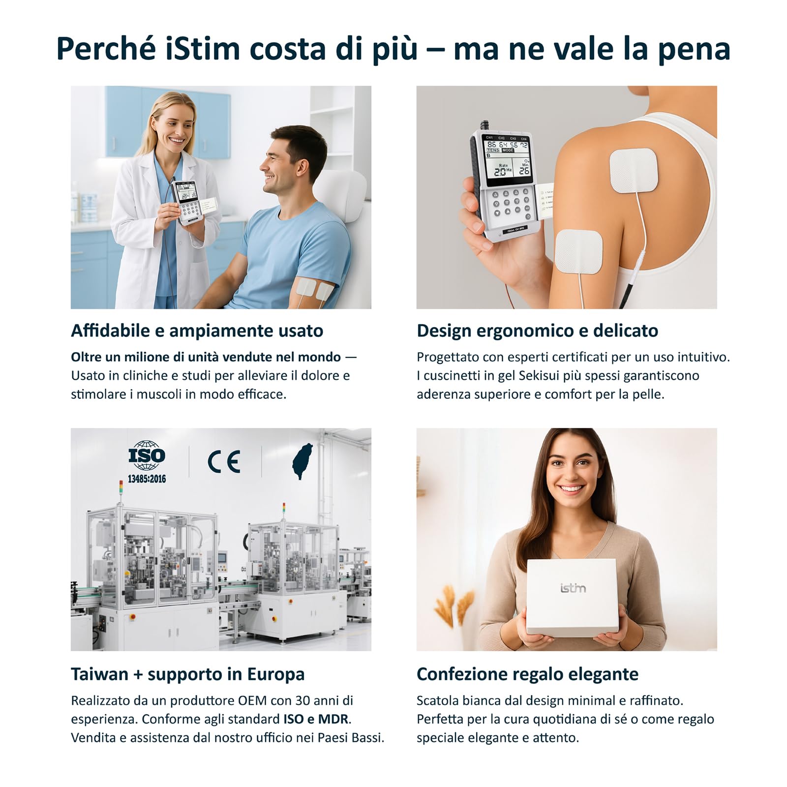 iStim EV-805 TENS EMS 4 Canali – Stimolatore Muscolare e Nervoso, Sollievo Dolore Cronico e Acuto, Terapia per Schiena, Cervicale, Articolazioni, Sciatica e Corpo – Include 16 Elettrodi Riutilizzabili