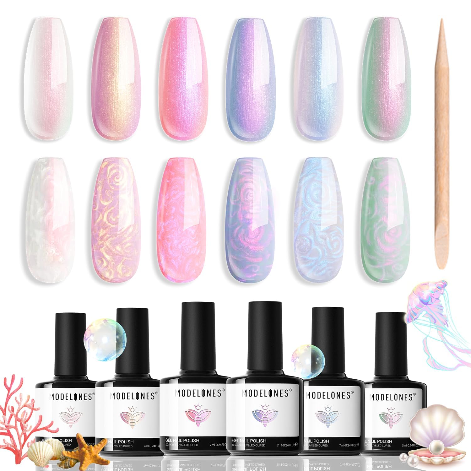 Pearl Gel Nail Polish Set, 6 Colors Aurora Iridescent Shimmer White Pink Purple Mermaid Nail Drawing Gel Polish Soak Off Led Summer Glitter Nail Gel Polish Swirl Shell Thread Effect DIY Gift