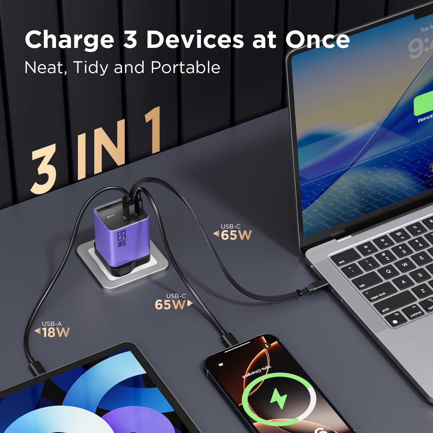USB C Charger 65W GaN 3-Port Fast Charging Plug Built-in Retractable Cable (0.7m), Compatible with MacBook Pro/Air, iPhone 17 Pro/Air/16/15, iPad, Galaxy S25/S24, Steam Deck, etc - 2
