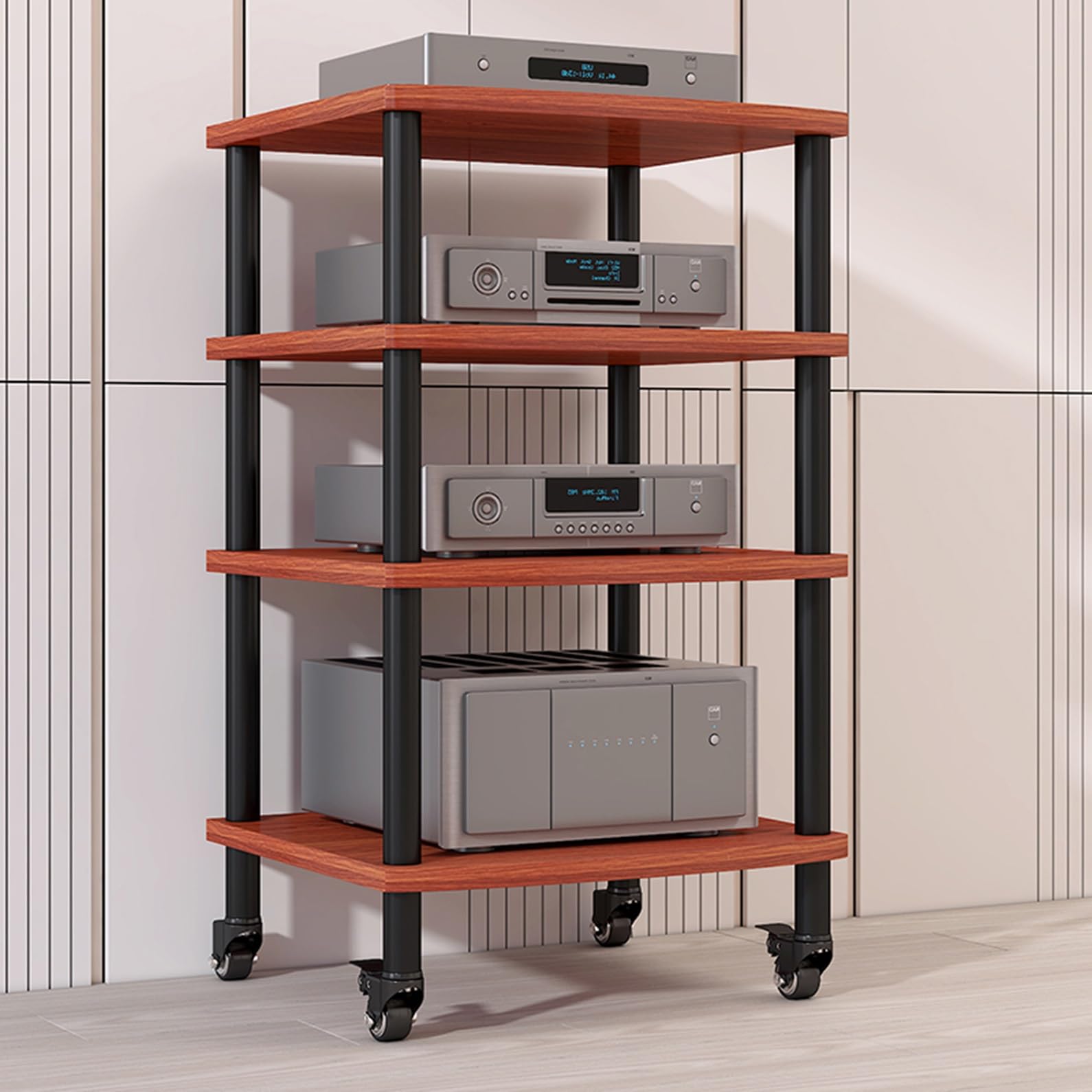 CWCQGH Audio Video Media Stand with Universal Wheels Modern Floor Standing Audio Rack Tower for Living Room Gaming Office & Recording,Walnut-60x54x95cm