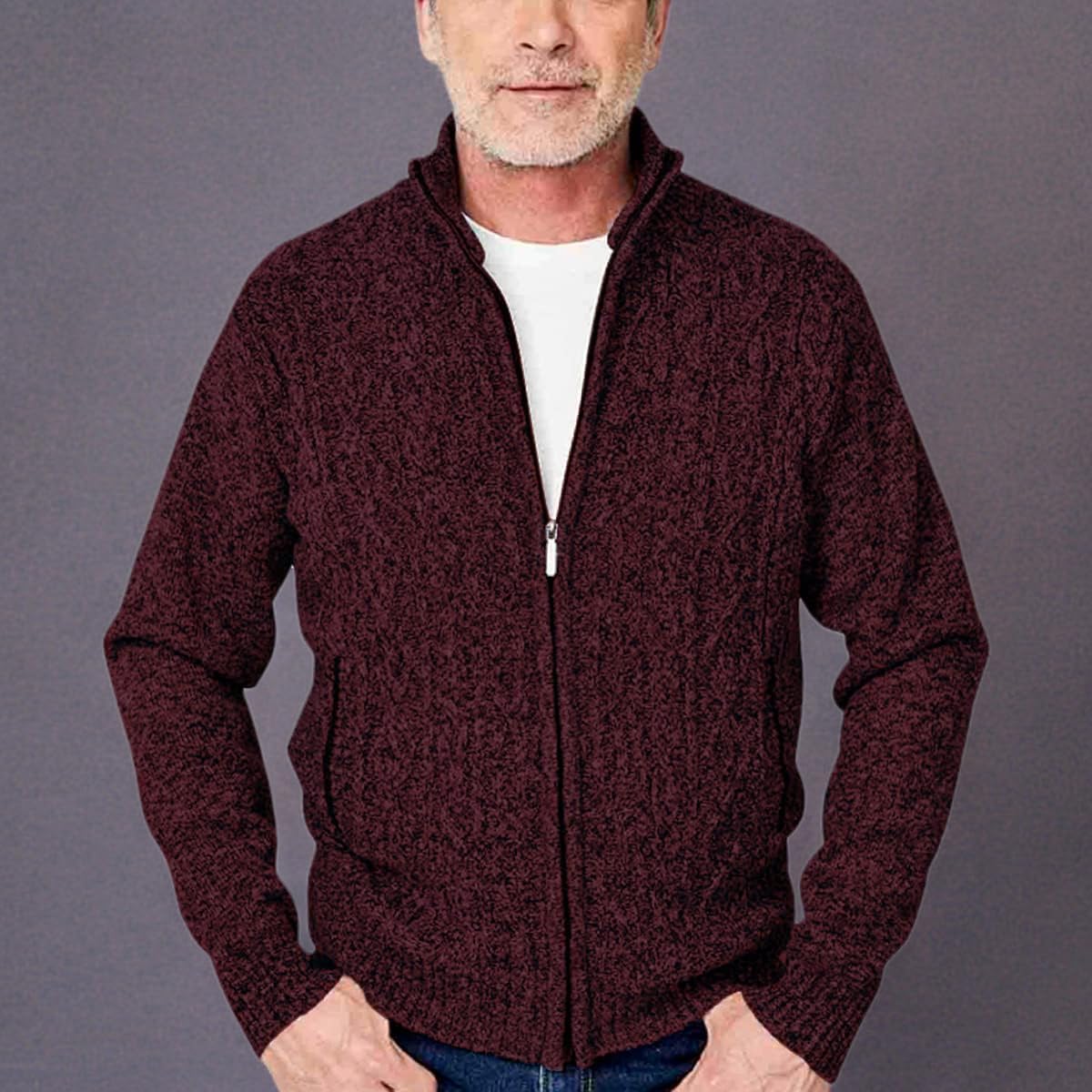 JYG Cardigan Sweaters for Men Full Zip Fleece Lined Up Stand Collar Slim Fit Knitted Sweater with 2 Front Pockets
