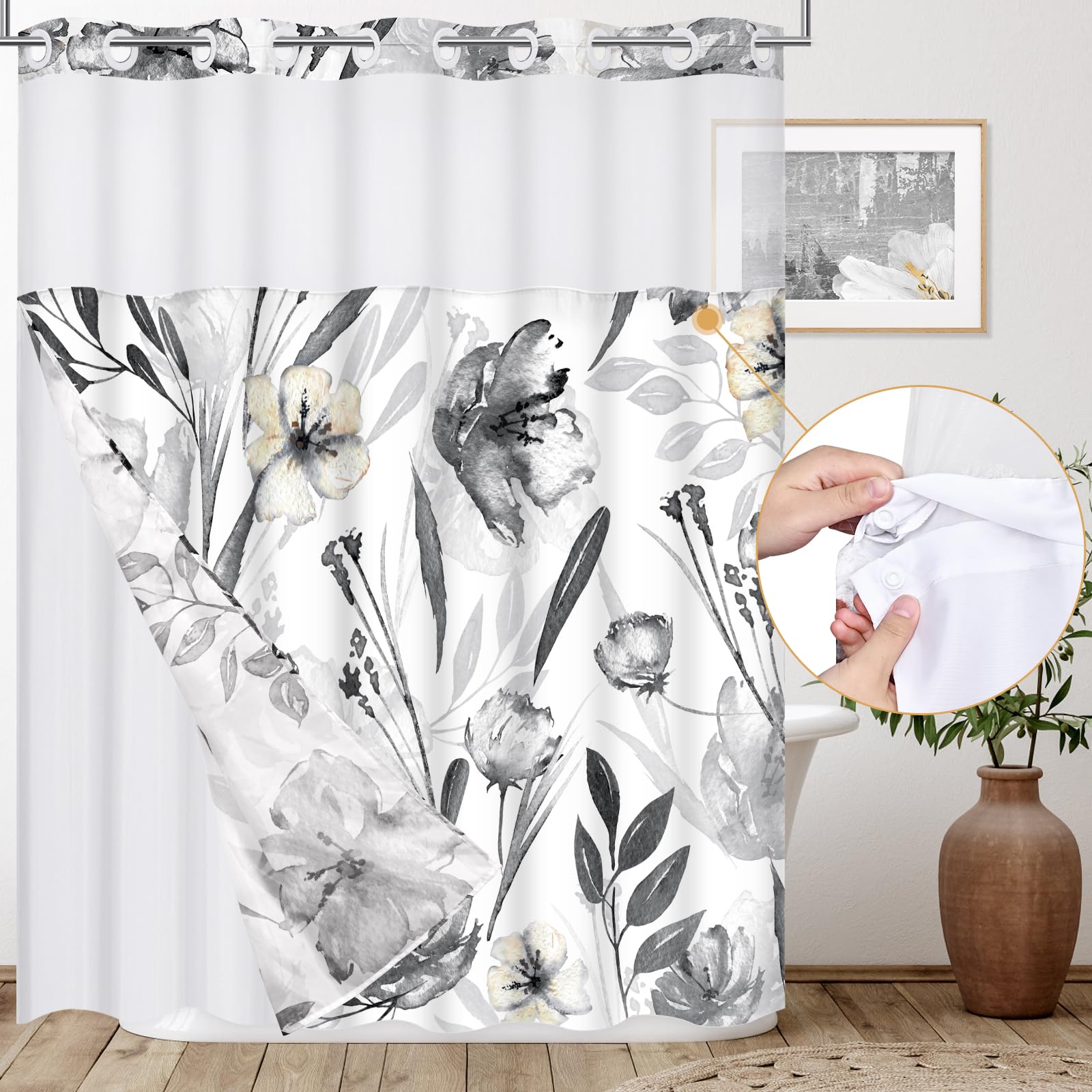 Alishomtll No Hook Shower Curtain with Snap-in Liner Set, Hotel Style Black Floral Shower Curtain with See Through Top Window, Gray White, No Hook, Double Layer, Waterproof, Washable, 71