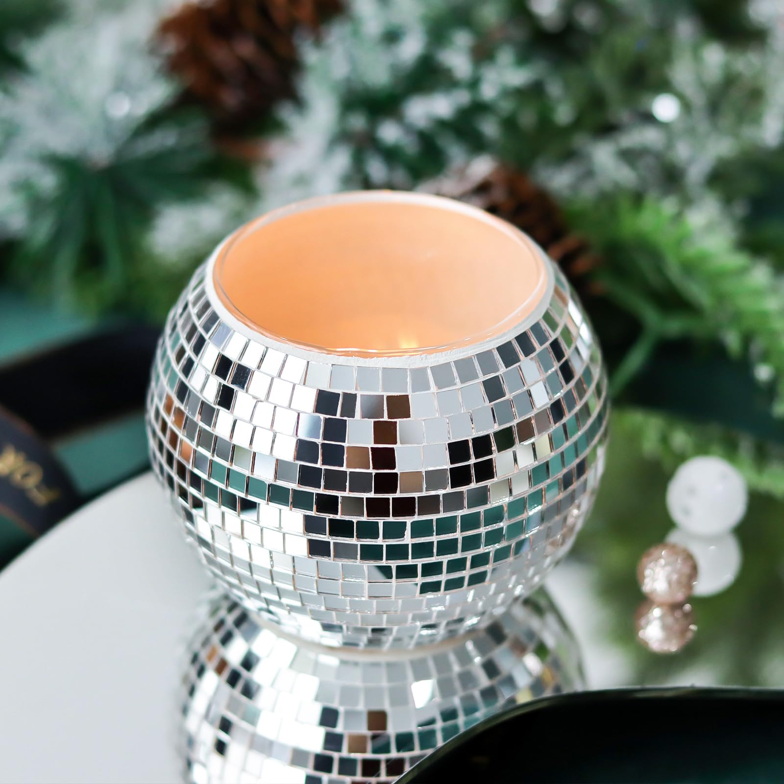WDHODEC 4 Pcs Disco Ball Vase, Mirrored Mosaic Glass Decor, 6x4 Inches, Round, Retro, Geometric, Polished Finish, Vase, Perfect for Table Centerpieces