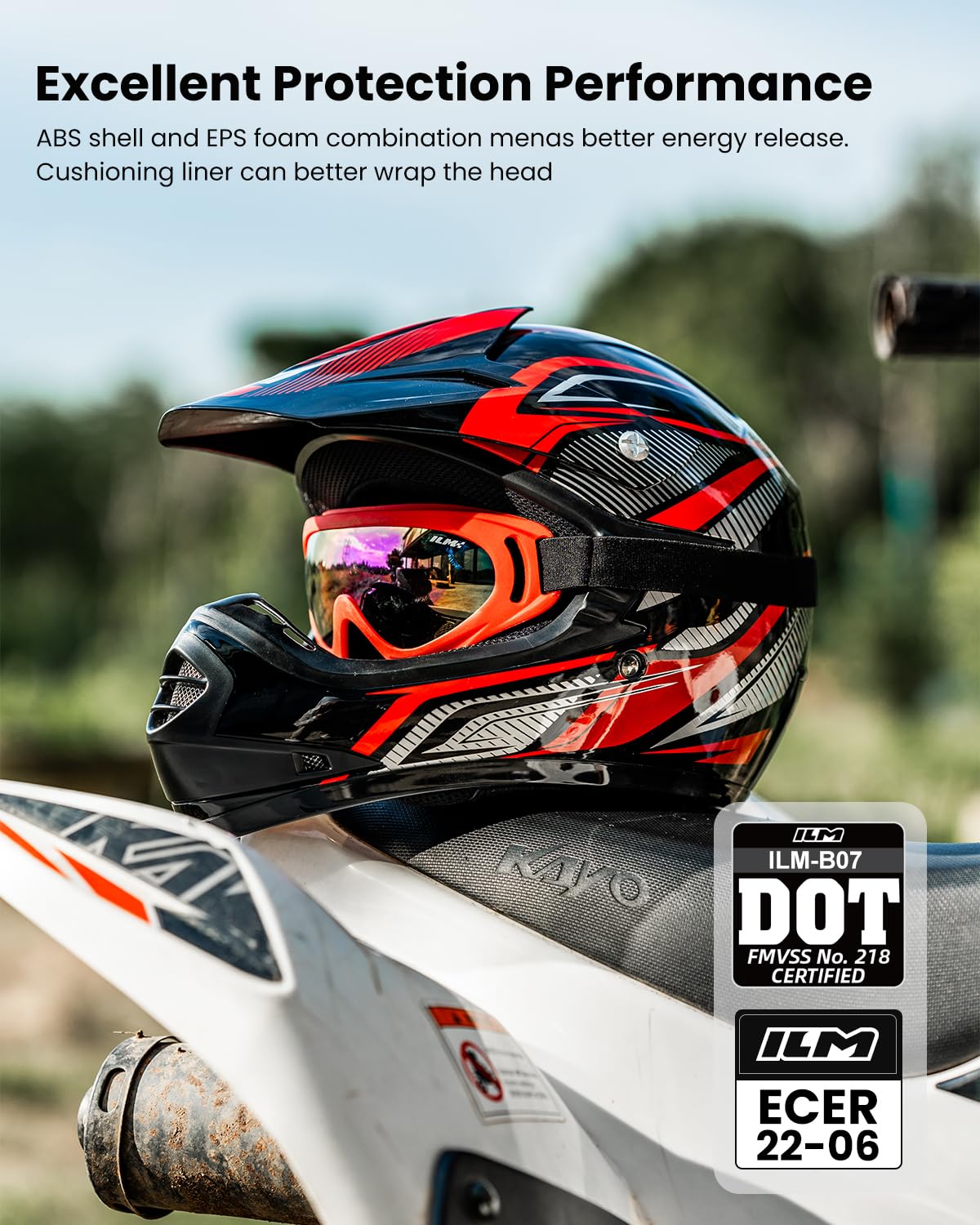 ILM Dziecięcy kask motocyklowy Cross Dirt Bike dla chłopców i dziewcząt, uniseks, homologacja ECE22.06 Full Face Off Road ATV Enduro MTB z rękawicami Gogle Model B07, czarny czerwony, XL