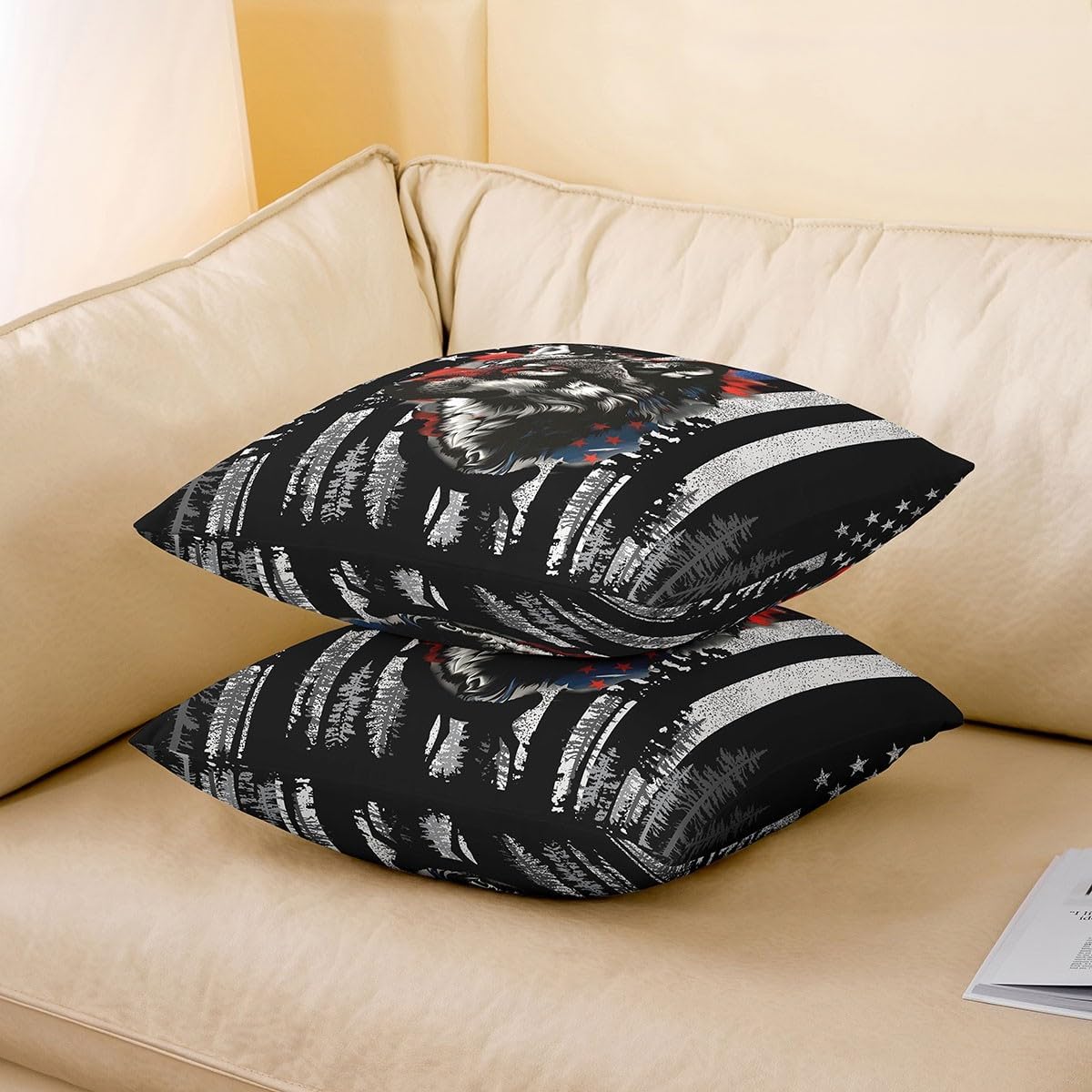 jejeloiu Cute Wolf Pillow Cases Cushion Covers Boys Girls Wolves Howling Throw Pillow Covers 24"x24" Set of 2 Soft For Kids American Flag Animal Wolves Throw Pillowcases Grey Wild Animal Cushion Cases