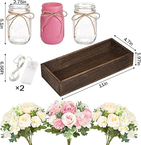 Miniatura 3 de BLEUM CADE Decoraciones de Centro de Mesa - 3 Piezas Rosas Flores Artificiales en Frascos Mason con Bandeja de Madera para Mesa de Comedor Mesa de