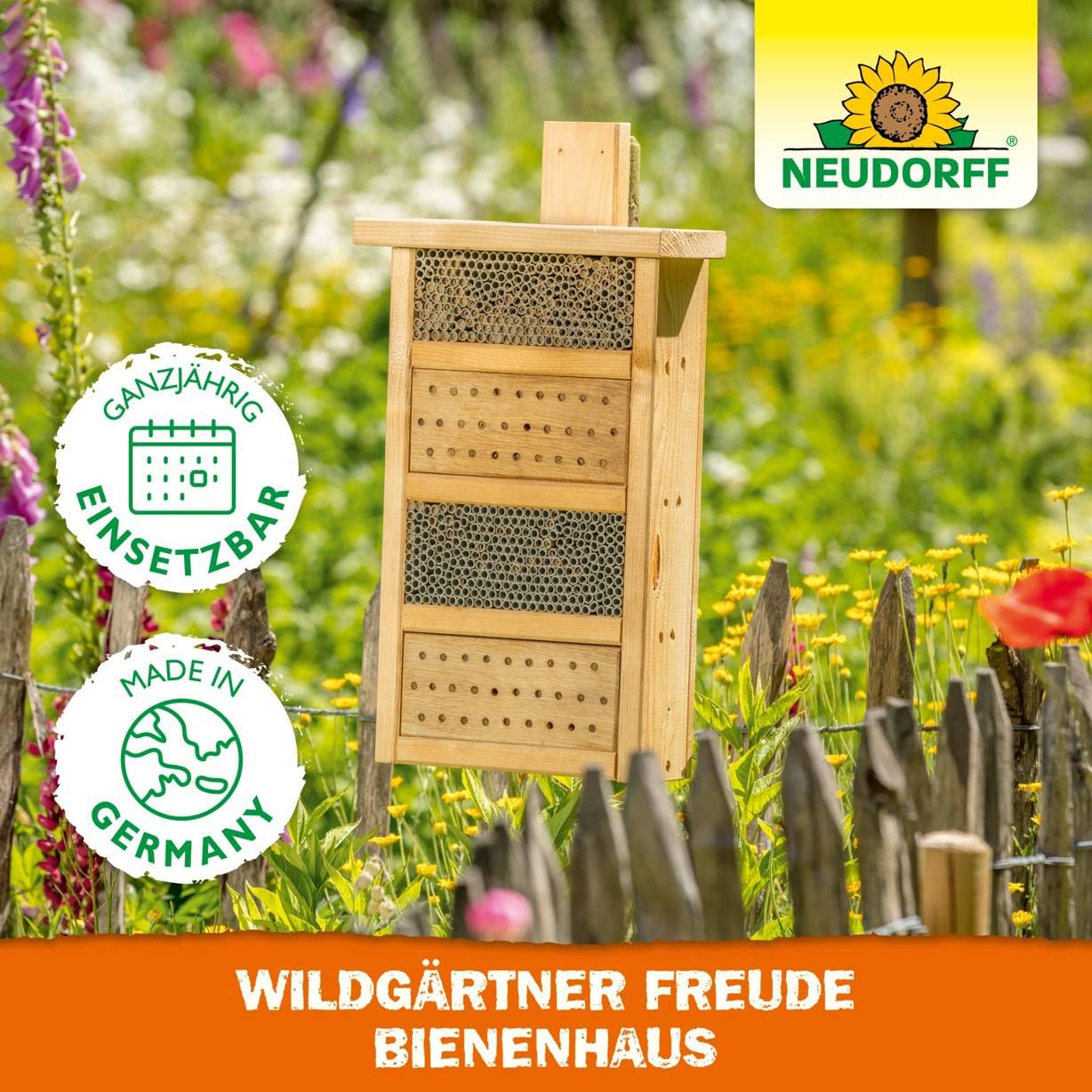 Neudorff Wildgärtner Freude apiario – Fatto a mano per api selvatiche da appendere e appoggiare, resistente alle intemperie, 1 pezzo