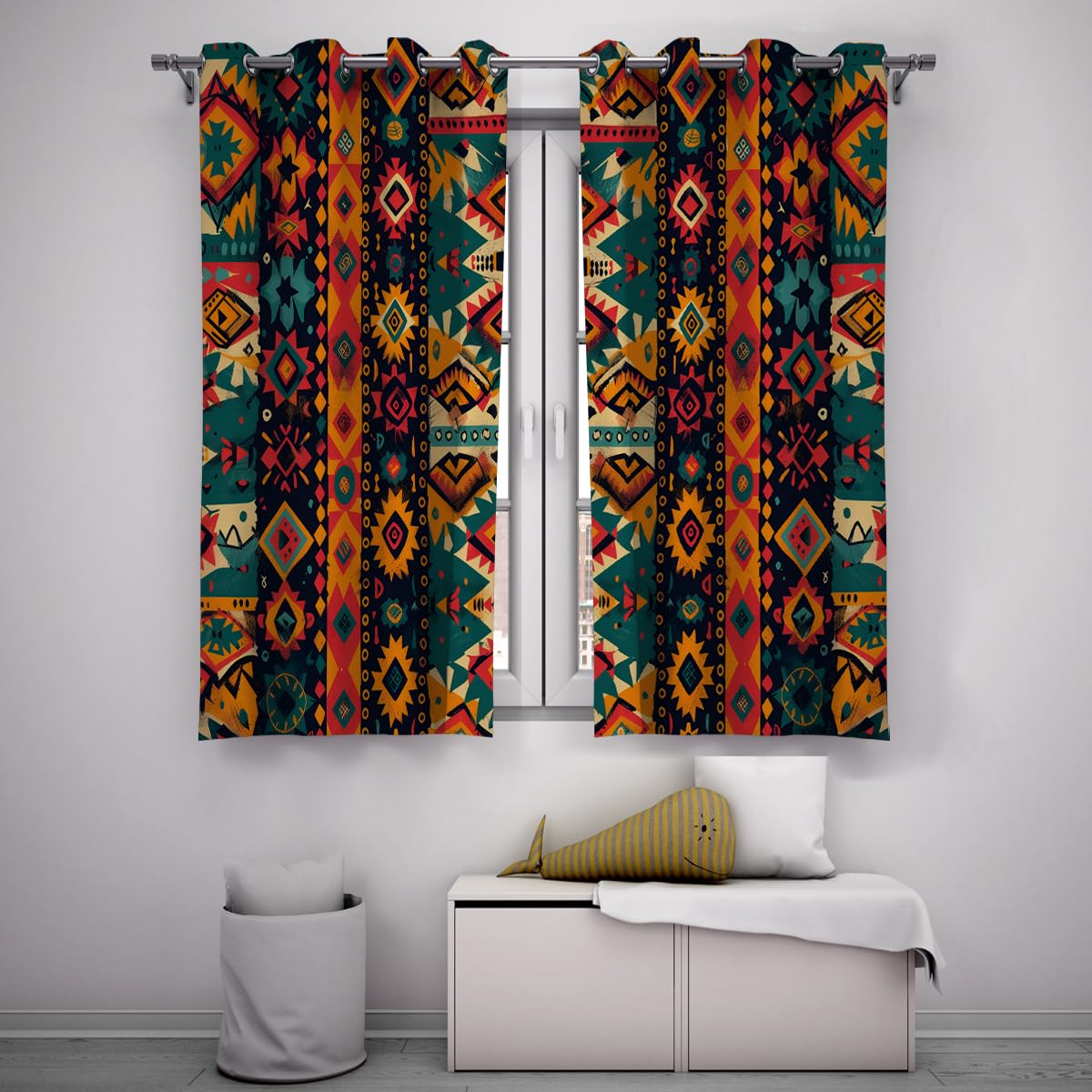 Etniczne geometryczne zasłony zaciemniające plemienny wzór vintage zasłony z przelotkami góra zestaw 2 paneli do salonu jadalni biura 2 x szer. 166 x dł. 90 cm