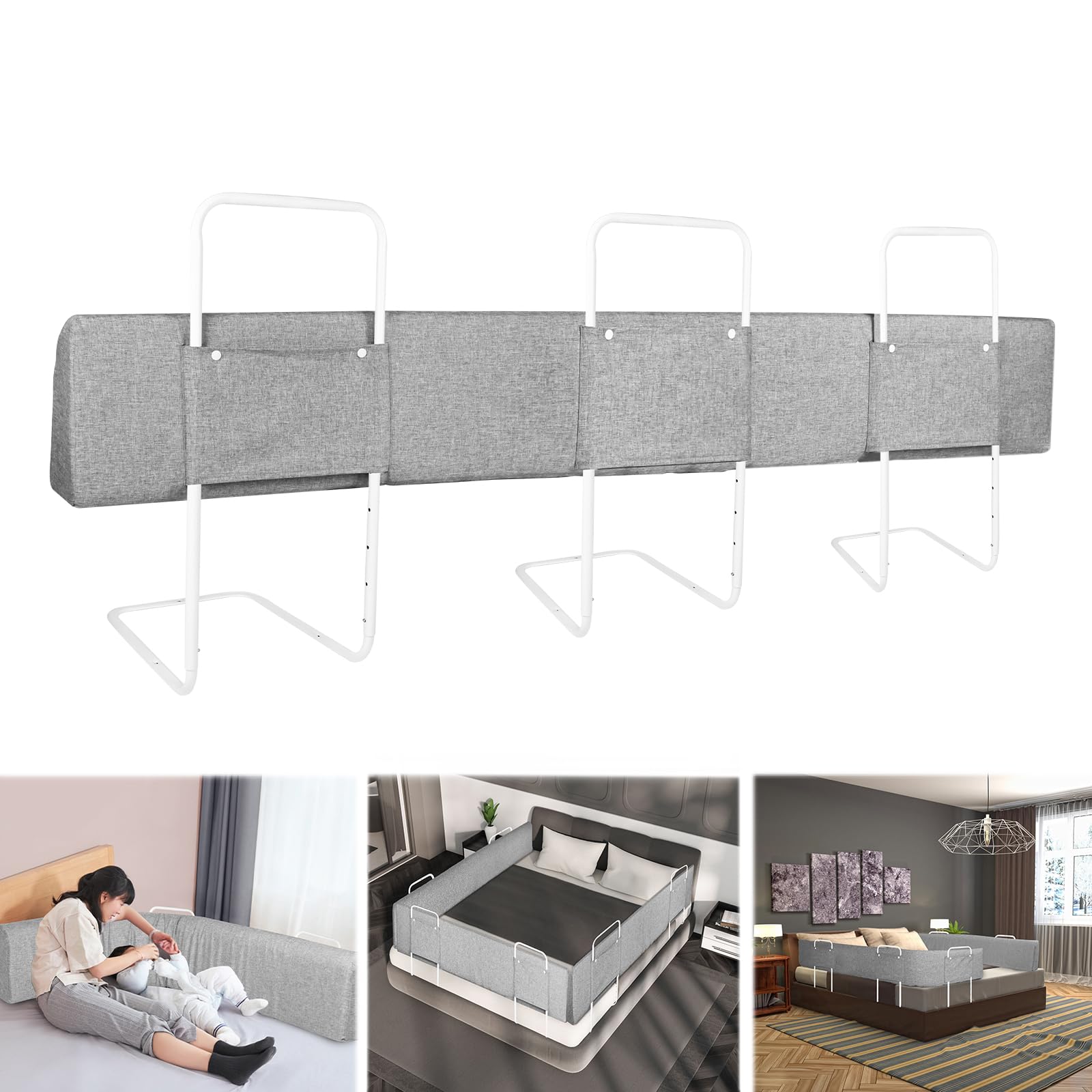 LARS360 Griglia di protezione del letto, 180 cm, per bambini, regolabile in altezza, con chiusura lampo e bottoni a pressione, accessorio portatile per lettino (lino grigio)