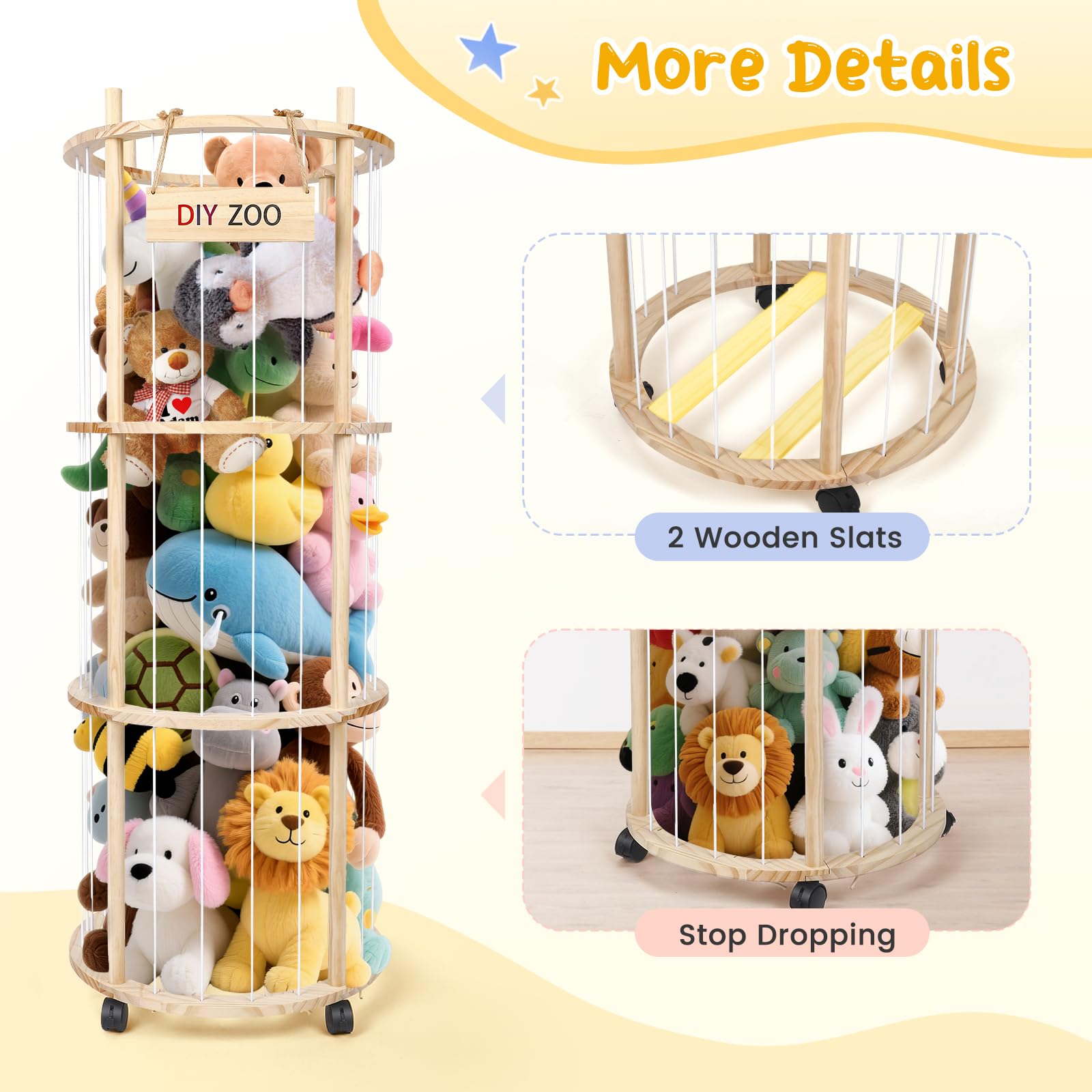 Rangement Peluche, 130x48x30cm Range Peluche avec Roulettes Pivotantes à 360° et Freins, Convient aux Chambres D'enfants aux Salons et aux Chambres à Coucher (Rond)