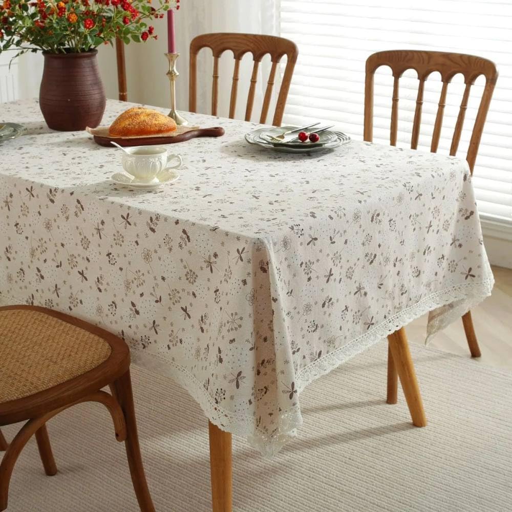 Nappe vintage coton lin floral avec pompon lavable salle à manger