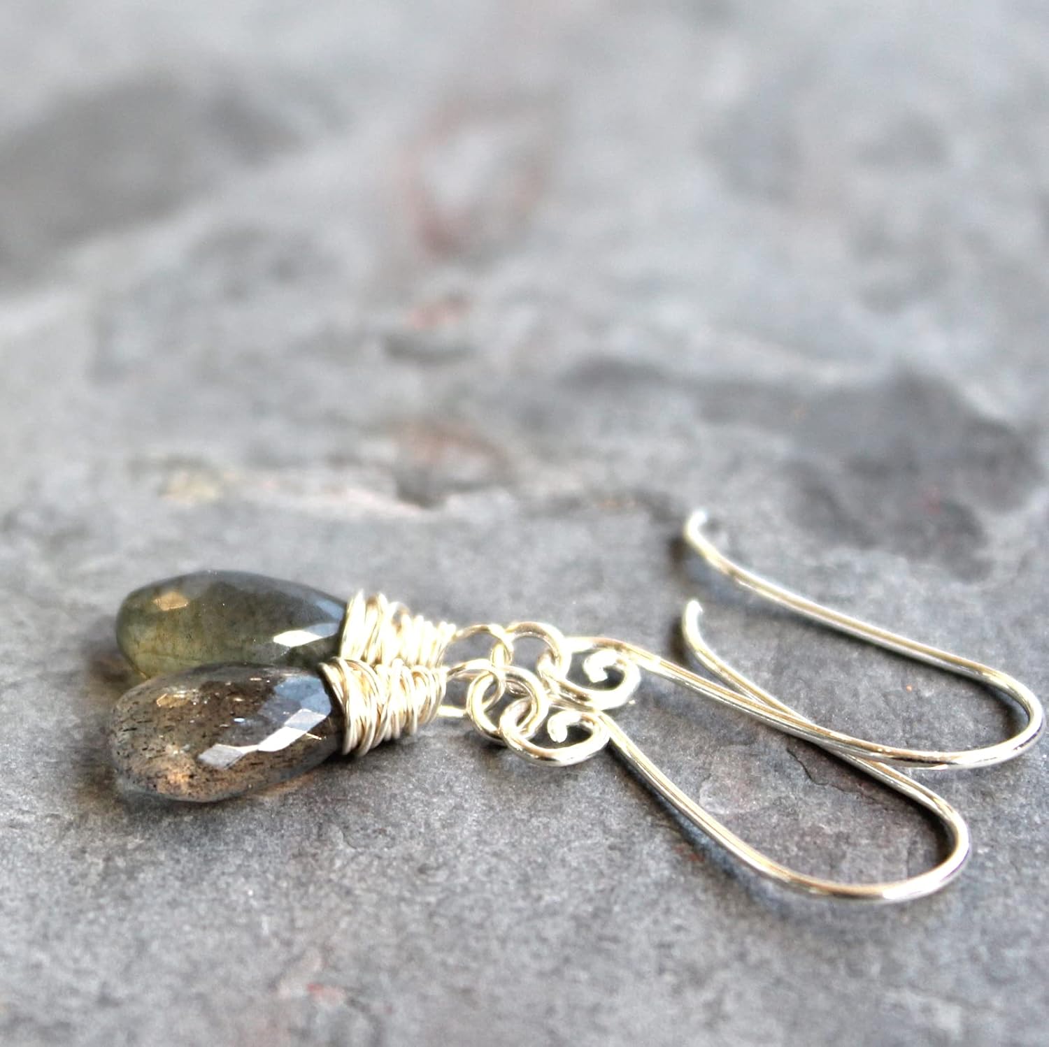 Petite Labradorite Earrings Sterling Silver Gray Gemstone Teardrop Dangles