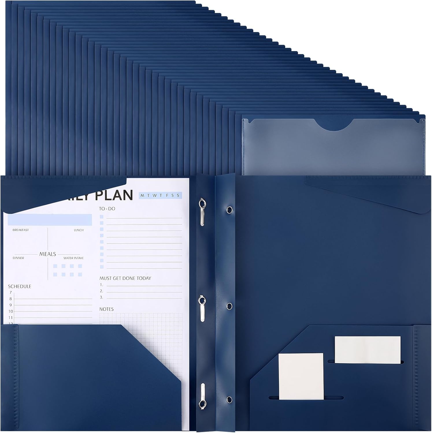 Tenceur 48 Pack Plastic Folders with 3 Prongs Bulk Heavy Duty Folders with Clear Front Pockets and Card Slots with Fasteners Fit Letter-Size Papers for Work School Office (Navy Blue)