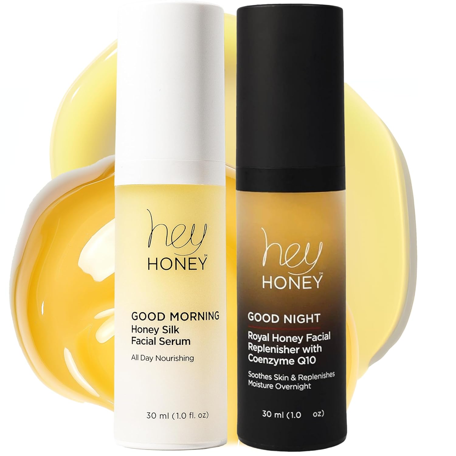 Hey Honey Good Morning & Good Night Duo | Honey Silk Facial Serum & Royal Honey Coenzyme Q10 | Best Day & Night Facial Support For Glowing Skin | 2 Oz