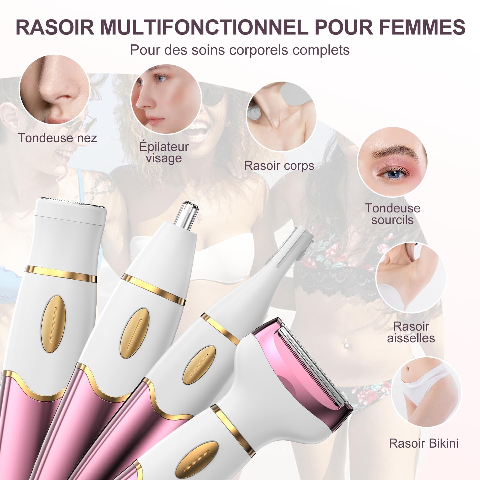 Rasoir électrique 4 en 1 pour femme avec affichage numérique, étanche IPX7, épilateur facial pour femme, rasoir intime pour le visage, les parties intimes, les aisselles, les jambes, recharge