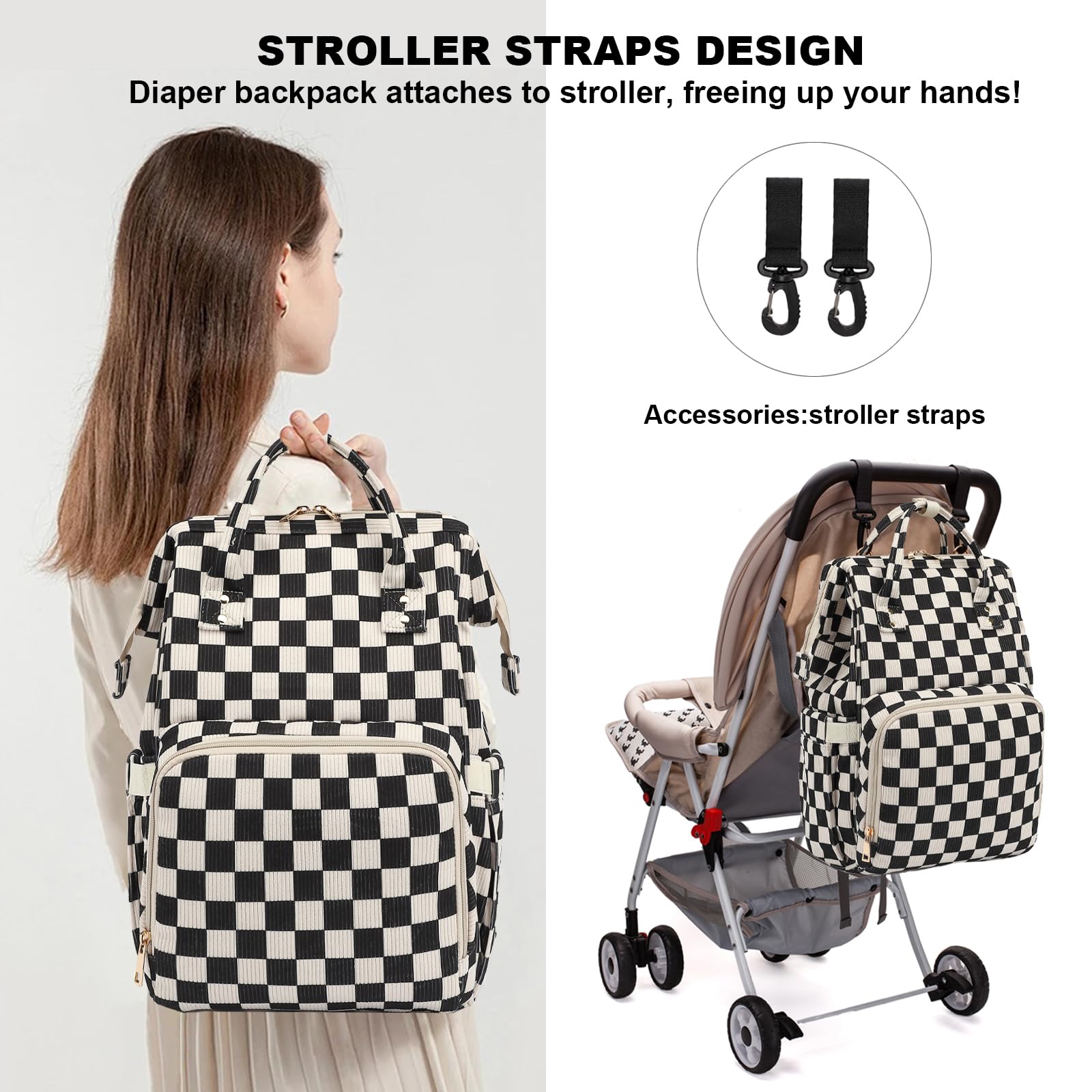 Zaino fasciatoio per mamma, grande capacità, da viaggio, per bambini e bambine, con cinghie per passeggino, velluto a coste, a quadretti, nero, L, Casual