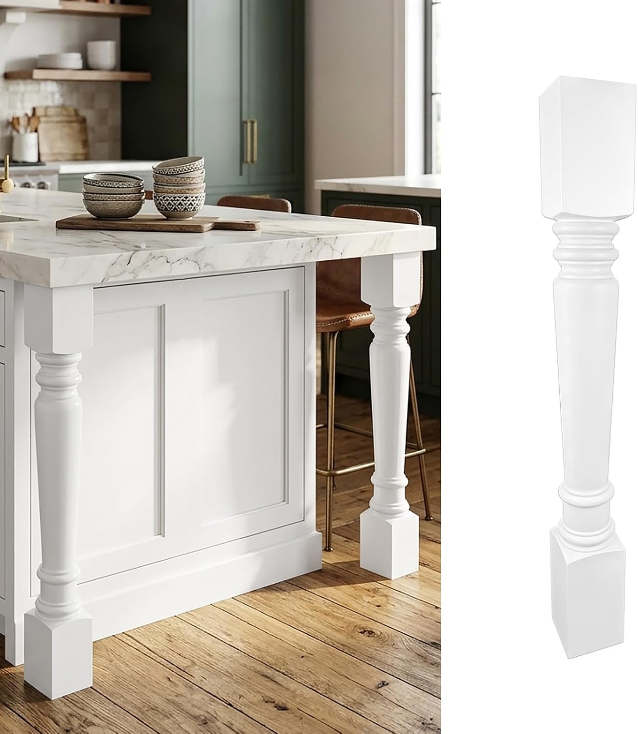 Kitchen Island Leg, Transitional Style Cabinet Support Post for Countertop and Kitchen Island Extension, Decorative Wooden Leg for Island or Peninsula, Single Leg (White, 4"W x 34.5"H x 4"D)