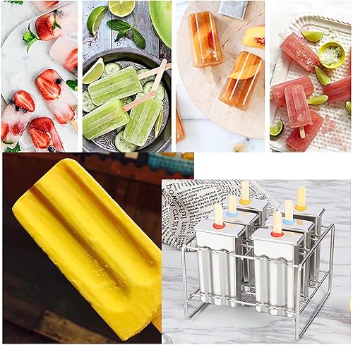 Miniatura 4 de Juego de 6 helados reutilizables de acero inoxidable con base de soporte para palo, para hacer helados, congelador para cocina casera (doble plano)