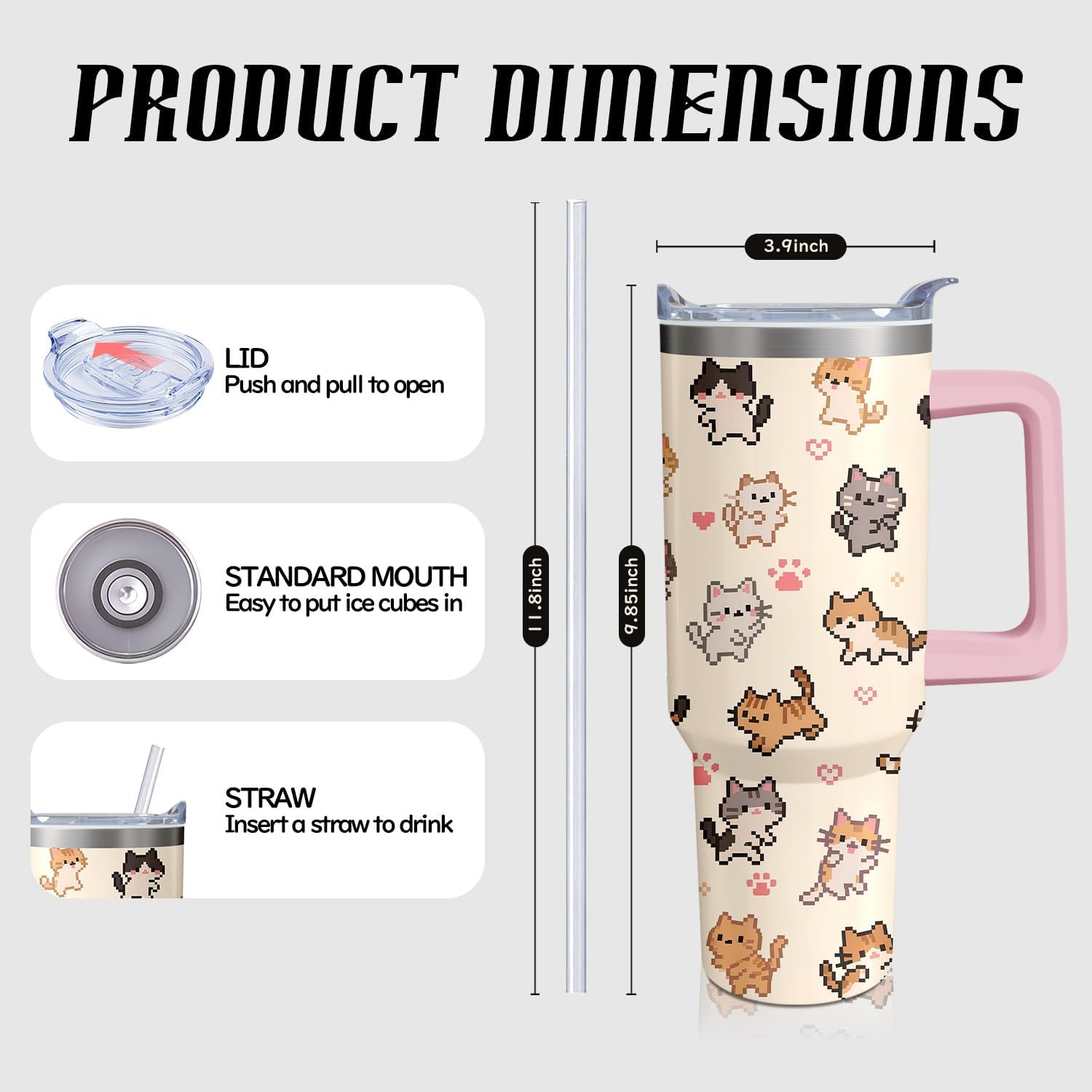 Cute Cat Tumbler with Handle and Straw, 40oz Travel Coffee Mug Water Bottle with Lid, Stainless Steel Insulated Cup, Birthday Gifts for Women Animal Lovers