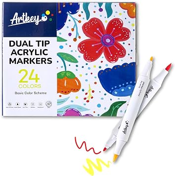 Artkey Acrylic Paint Markers 24 Colors, Dual Tip Acrylic Paint Pens with Brush and Fine Tips, Acrylic Markers Set for Rock Painting, Wood, Canvas, Glass, Ceramic, Stone, Fabric, Plastic, DIY Crafts