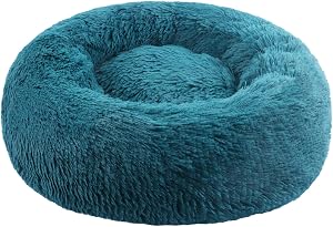 Donut Dog Bed, Cat Calming Bed Anti-Anxiety Round Fluffy Faux Plush Soft Warming Cushion Sofa Beds for Small Medium Large Dogs Cats Washable JD003 (Cyan, 50L x 50W x 15H cm)
