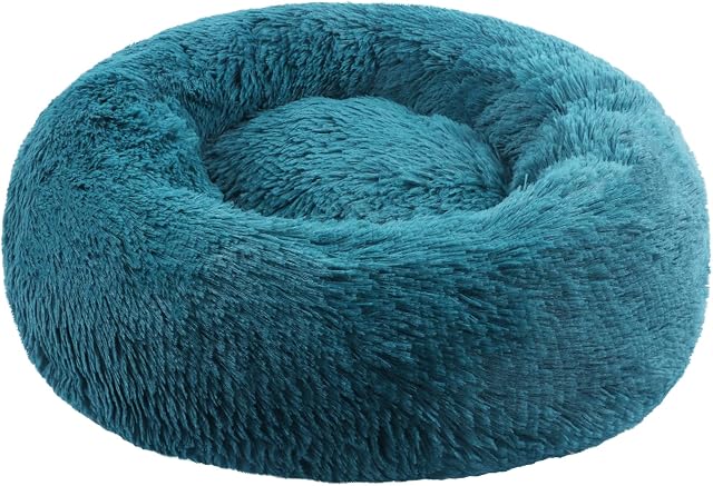 Donut Dog Bed, Cat Calming Bed Anti-Anxiety Round Fluffy Faux Plush Soft Warming Cushion Sofa Beds for Small Medium Large Dogs Cats Washable JD003 (Cyan, 50L x 50W x 15H cm)