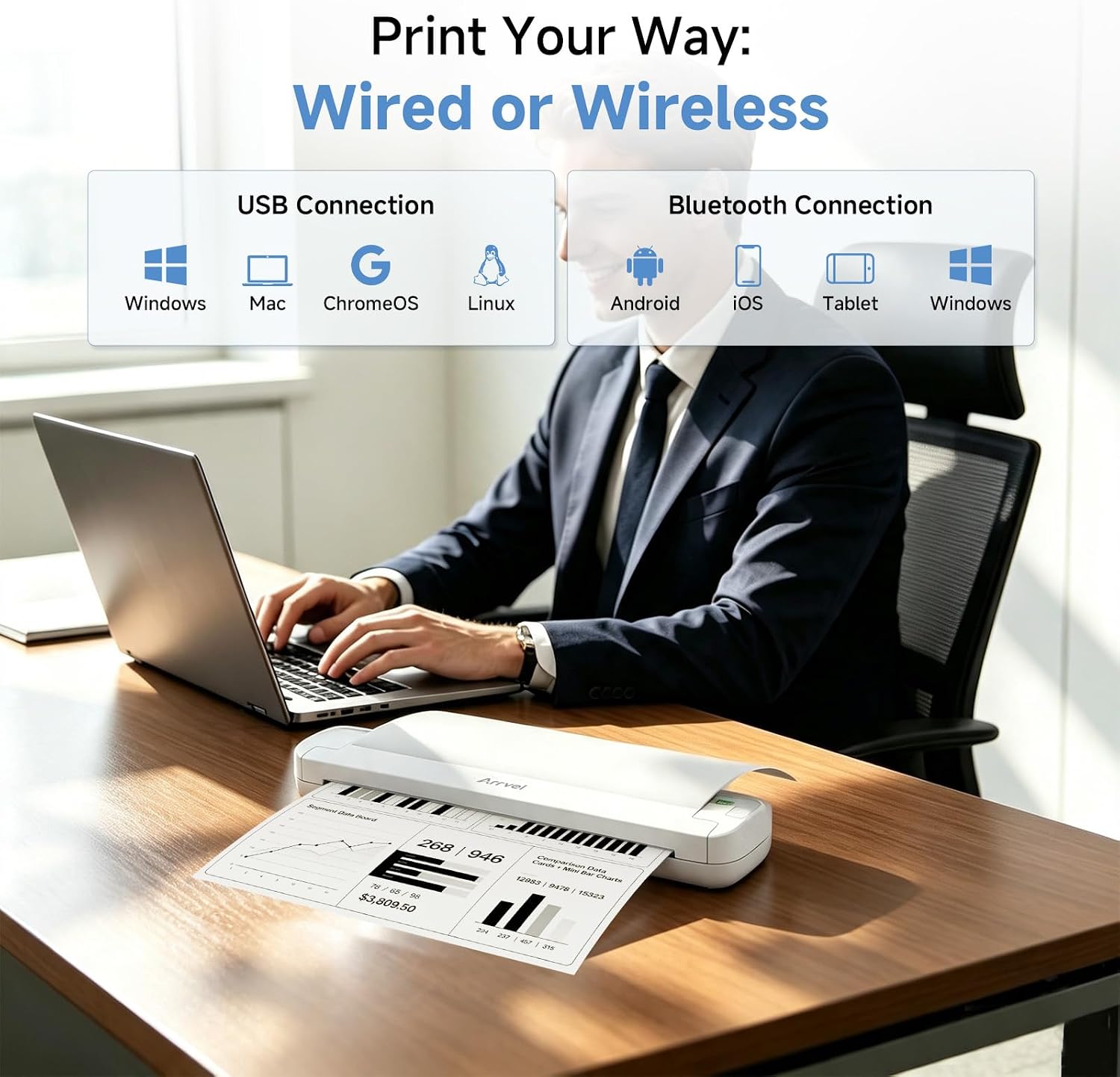 Portable Thermal Printer ST80A, Wireless Bluetooth Inkless Printer for Travel, Supports 8.5" x 11" US Letter and A4 Thermal Paper, Compatible with iPhone, Android, Mac, Windows for Home Office